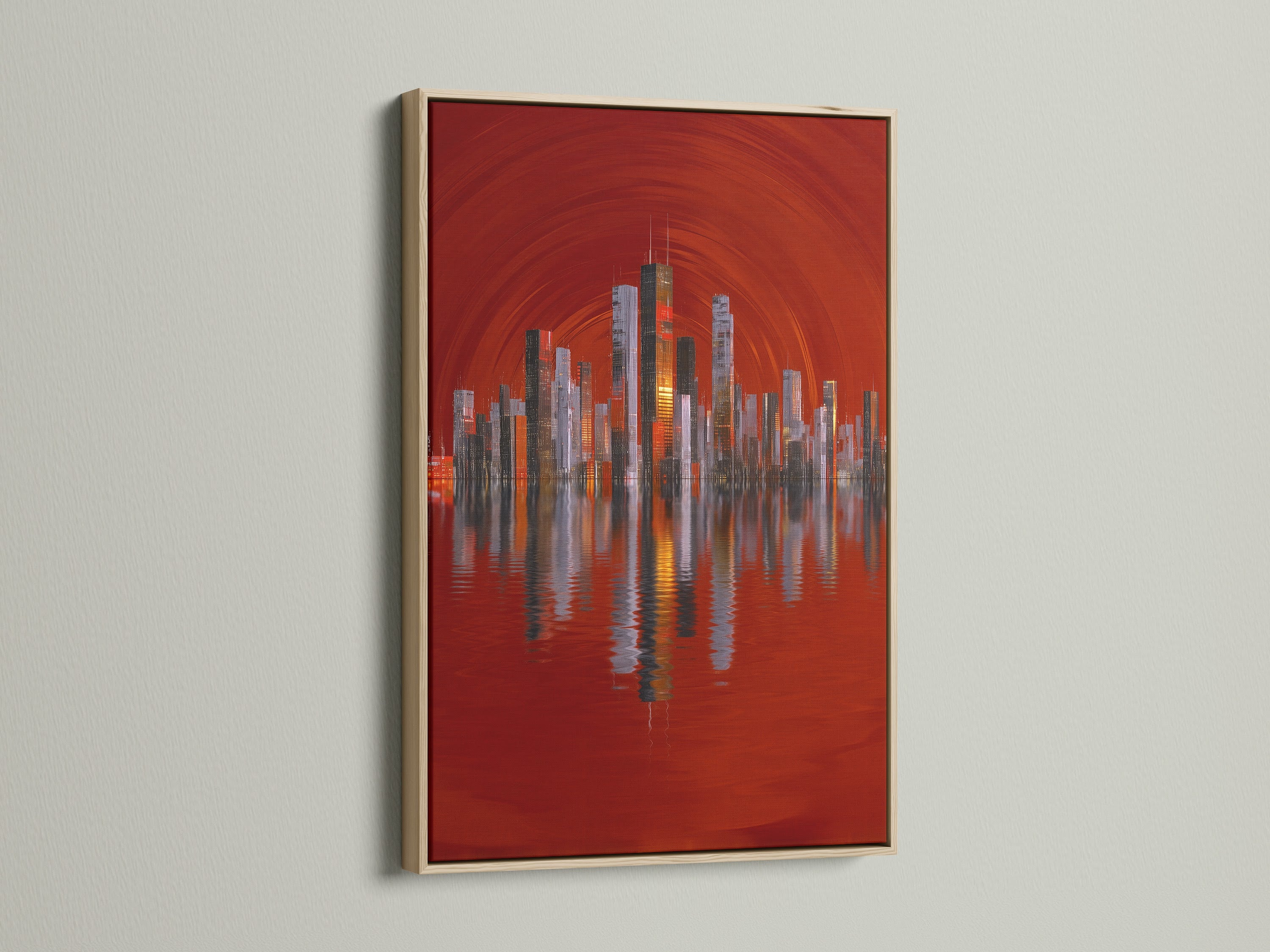 An oak frame showcases a stunning city skyline artwork. The red abstract urban art brings a modern touch to any space. Perfect for cityscape wall art and architectural artwork. Its a great piece for office or home decor.