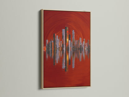 An oak frame showcases a stunning city skyline artwork. The red abstract urban art brings a modern touch to any space. Perfect for cityscape wall art and architectural artwork. Its a great piece for office or home decor.