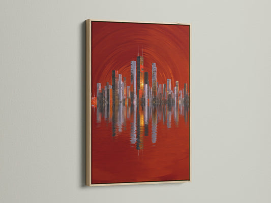 An oak frame showcases a stunning city skyline artwork. The red abstract urban art brings a modern touch to any space. Perfect for cityscape wall art and architectural artwork. Its a great piece for office or home decor.