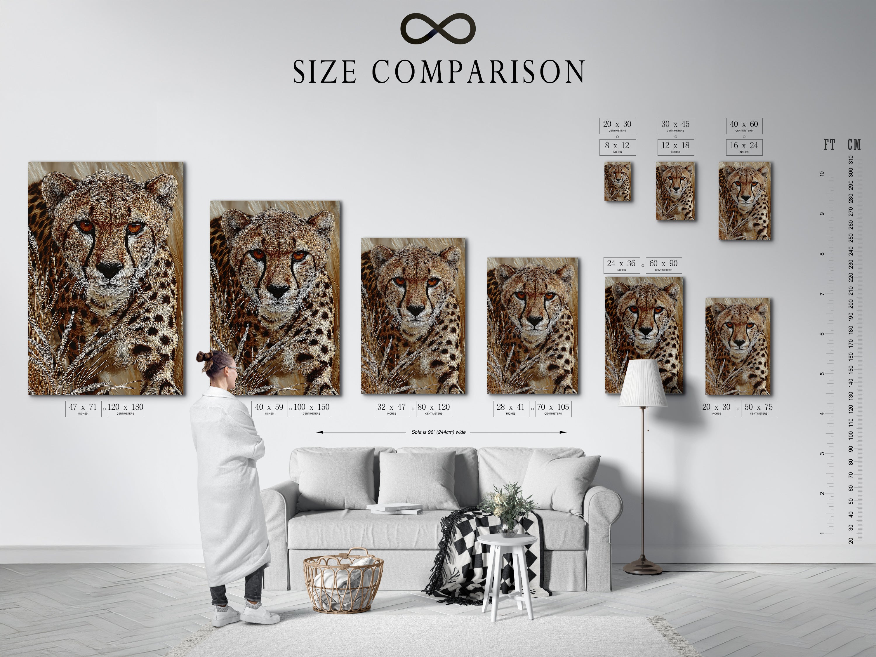 A size comparison chart is displayed in an interior setting. This helps visualize the artwork's dimensions in a room. See how the cheetah artwork fits into different spaces. Choose the perfect size for your safari-themed decor.
