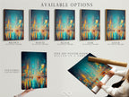Explore the available options for our Rainy Night Cityscape artwork. Choose from a stretched canvas print a fine art poster paper or a floating frame. Customize your teal and orange artwork to perfectly suit your modern decor needs for home or office wall art.