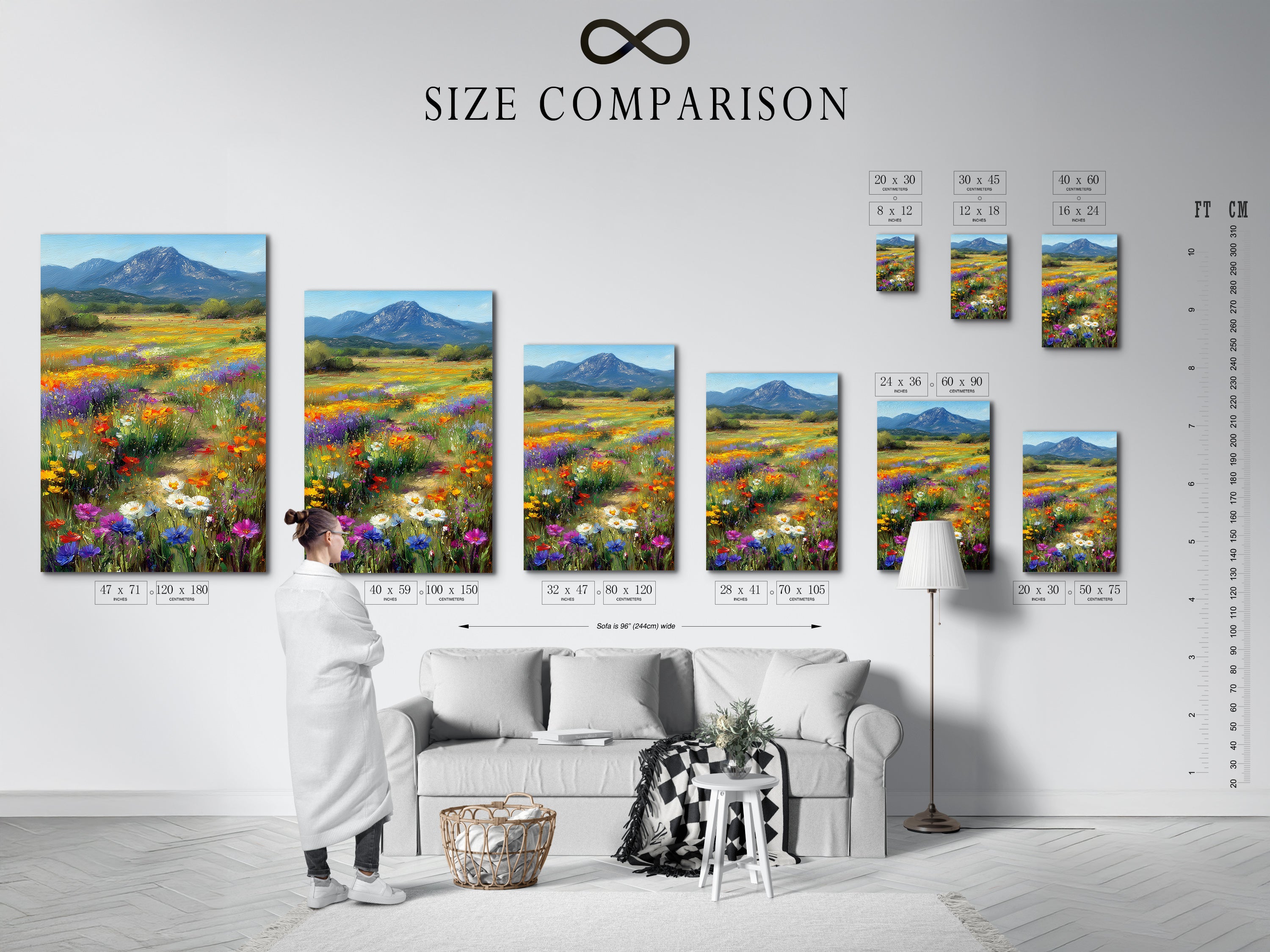 Size comparison chart of the wildflower meadow artwork in an interior setting. See how this botanical print fits in various spaces. The mountain landscape art complements any room. Visualize your wall decor.
