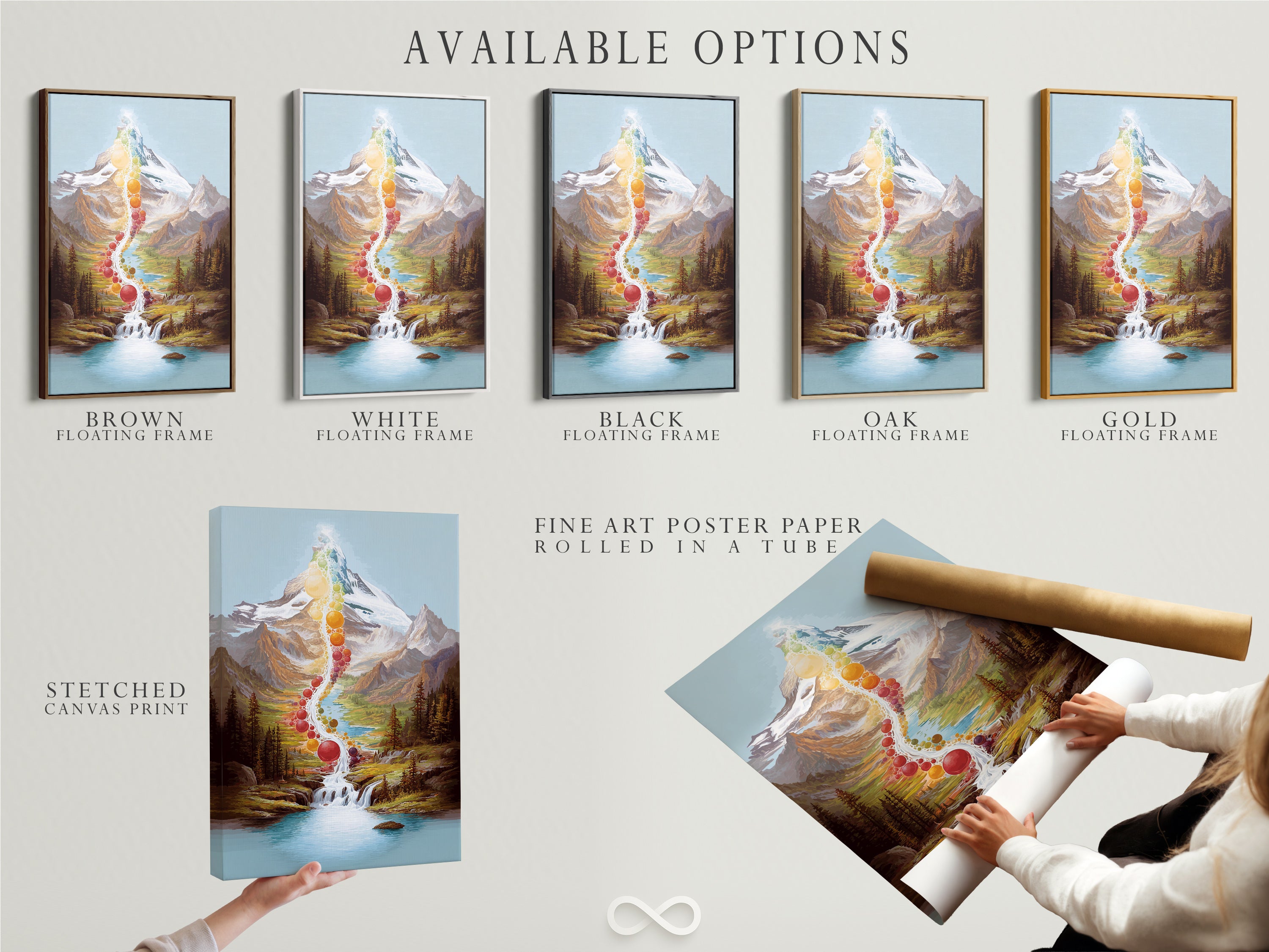 Explore the available options for the Chakra Mountain artwork. Choose from a stretched canvas print fine art poster paper or a floating frame. Each option enhances the spiritual landscape in its unique way. Perfect for adding a touch of zen to your decor. Find your ideal piece.