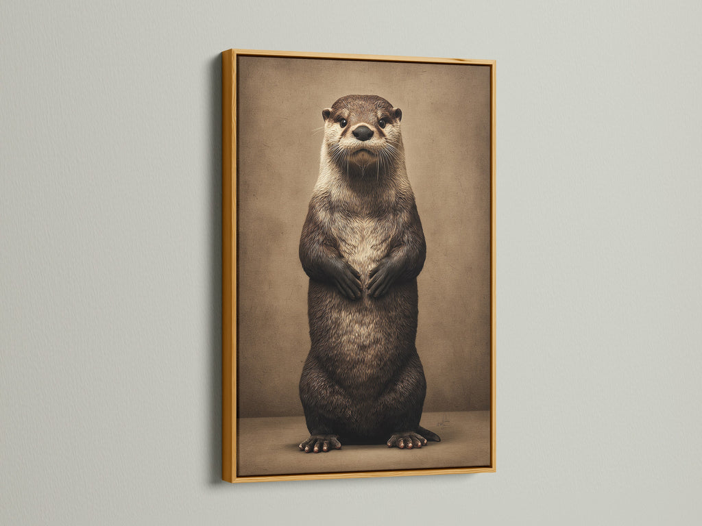 Gold frame displaying an otter art print. This animal art print is a cute wildlife canvas. It is perfect for nursery wall decor and bathroom wall art. The otter artwork adds charm to any room. A great gift for animal lovers. This whimsical art complements contemporary and Scandinavian styles