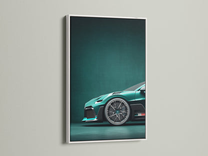 A white frame showcases teal car canvas artwork. This modern car art enhances any space. It's great for automotive decor. A superb choice for car lovers.