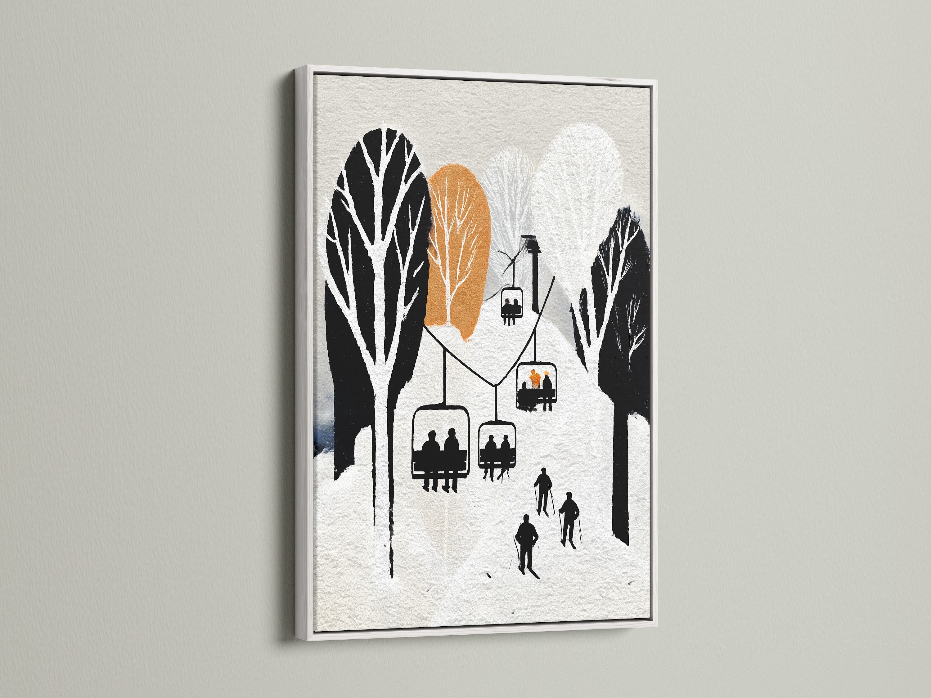 This image displays a ski lift artwork with a white frame. This winter mountain print is great for cabin wall decor. The snowy alpine artwork enhances lodge styles. Ideal minimalist wall art for homeowners renters and interior designers seeking a rustic touch.