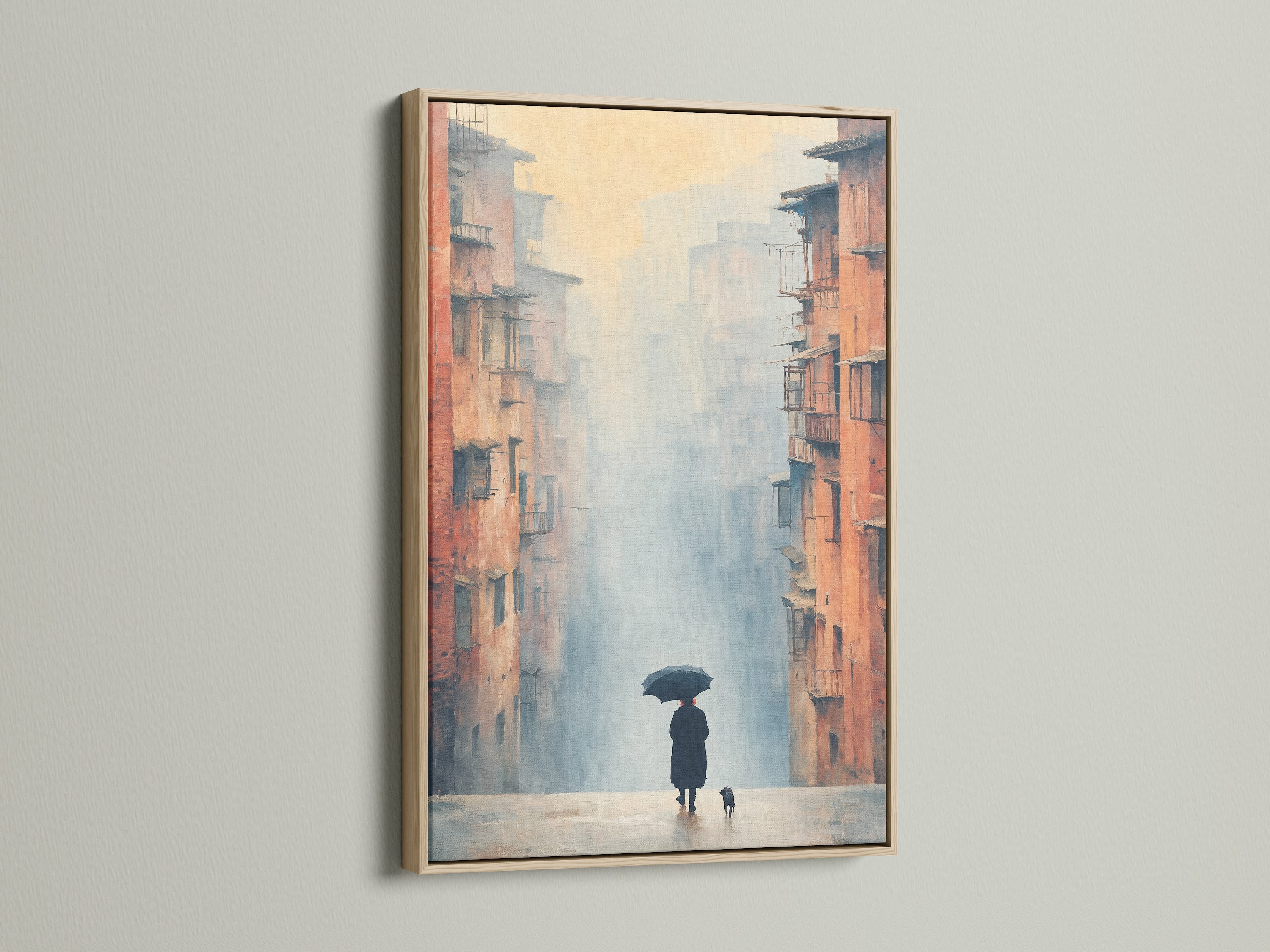 Misty Cityscape canvas print displayed in an oak frame. This urban landscape art adds a sophisticated touch to any space. Perfect for living rooms hallways or coffee shops. Its impressionist style enhances contemporary decor.