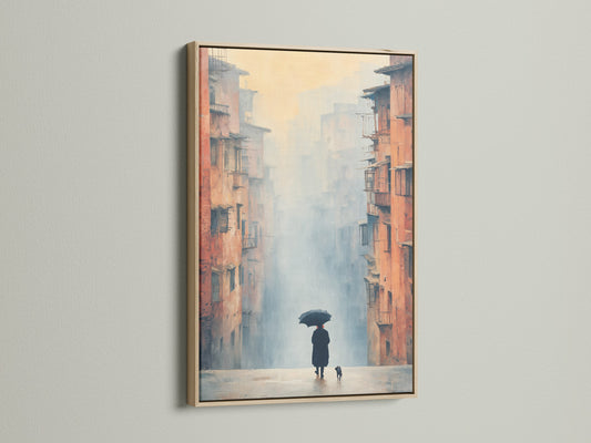 Misty Cityscape canvas print displayed in an oak frame. This urban landscape art adds a sophisticated touch to any space. Perfect for living rooms hallways or coffee shops. Its impressionist style enhances contemporary decor.