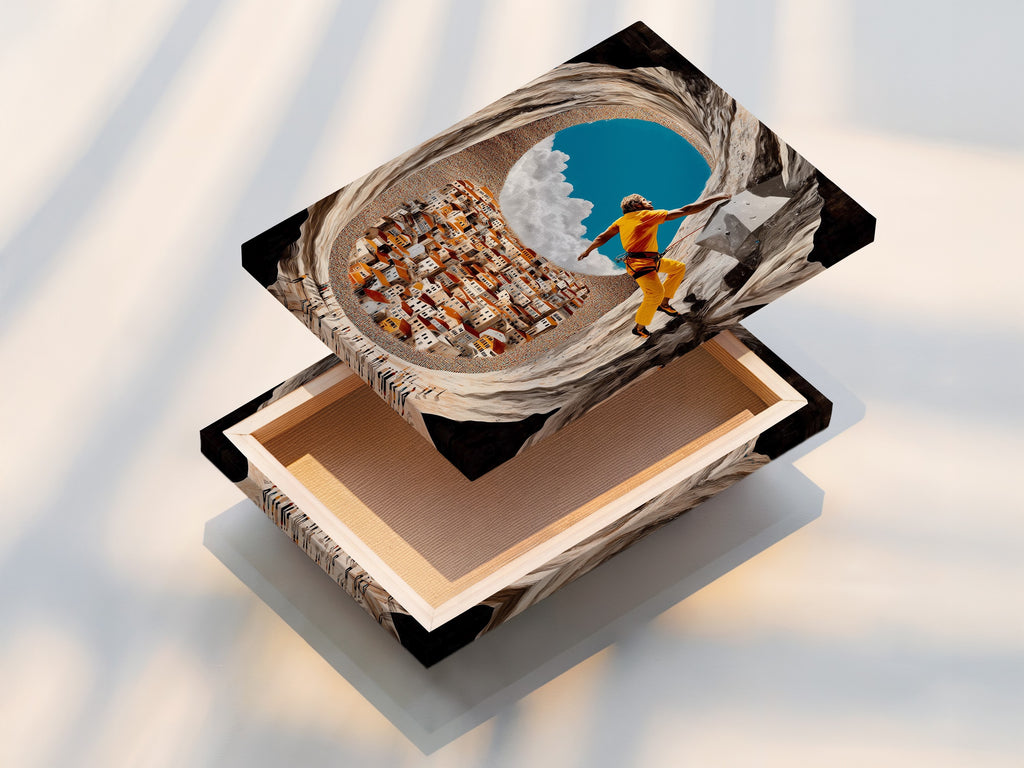 Stretched canvas print of rock climbing art. Ready to hang and enjoy. Sports canvas print for a modern look. Mediterranean art adds a touch of culture. Perfect for office wall art or home decor. Easy to display and admire.