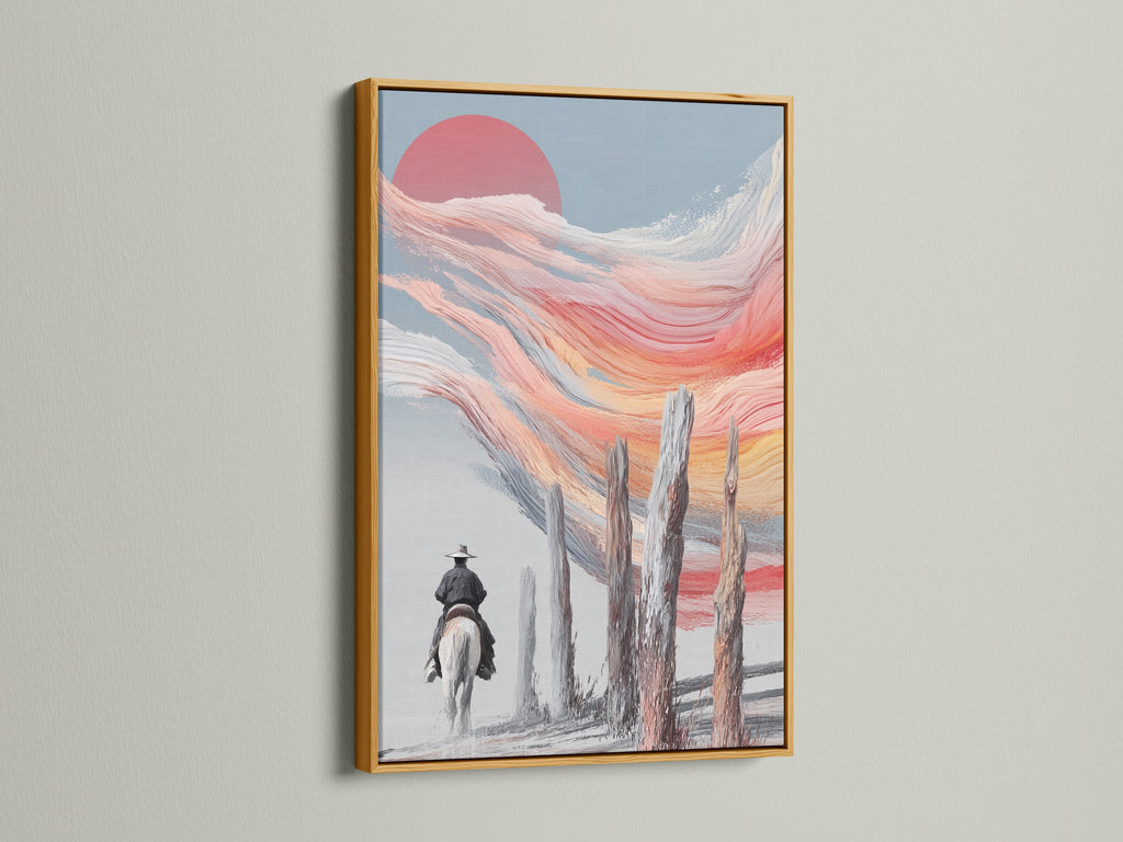 Cowboy sunset artwork in a gold frame. The gold frame adds a touch of elegance to the rustic wall decor. This horse canvas is a perfect cowboy gift. It brings warmth to any space.