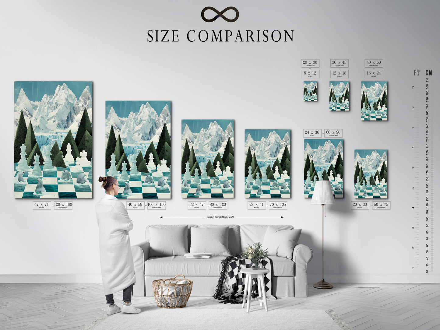 View a size comparison chart for the Chess Arctic Canvas Print in an interior setting. See how this polar bear artwork fits into various spaces. The teal chessboard artwork enhances any room. Choose the perfect size for your game room or modern decor. This is the ideal chess art.