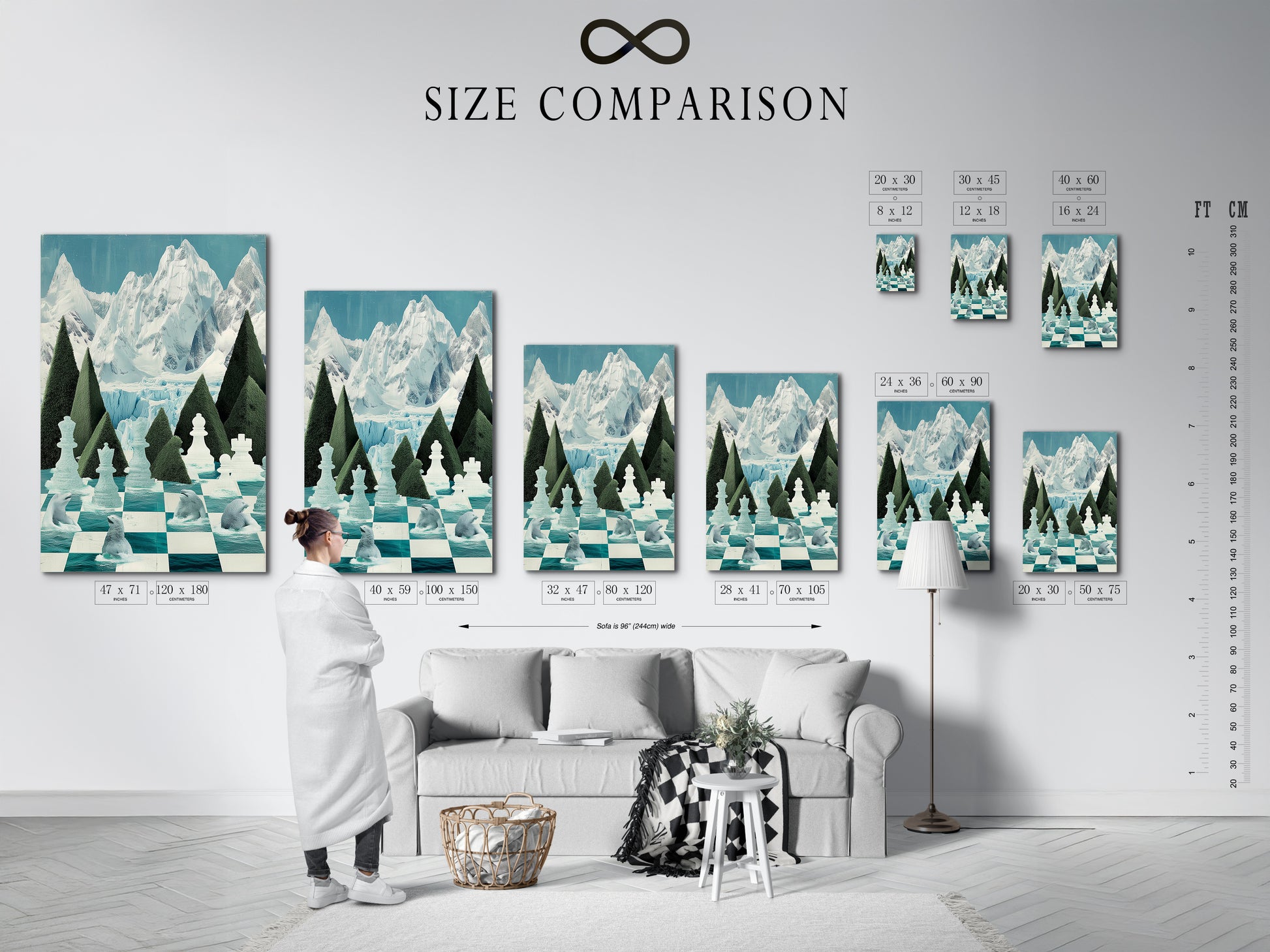 View a size comparison chart for the Chess Arctic Canvas Print in an interior setting. See how this polar bear artwork fits into various spaces. The teal chessboard artwork enhances any room. Choose the perfect size for your game room or modern decor. This is the ideal chess art.