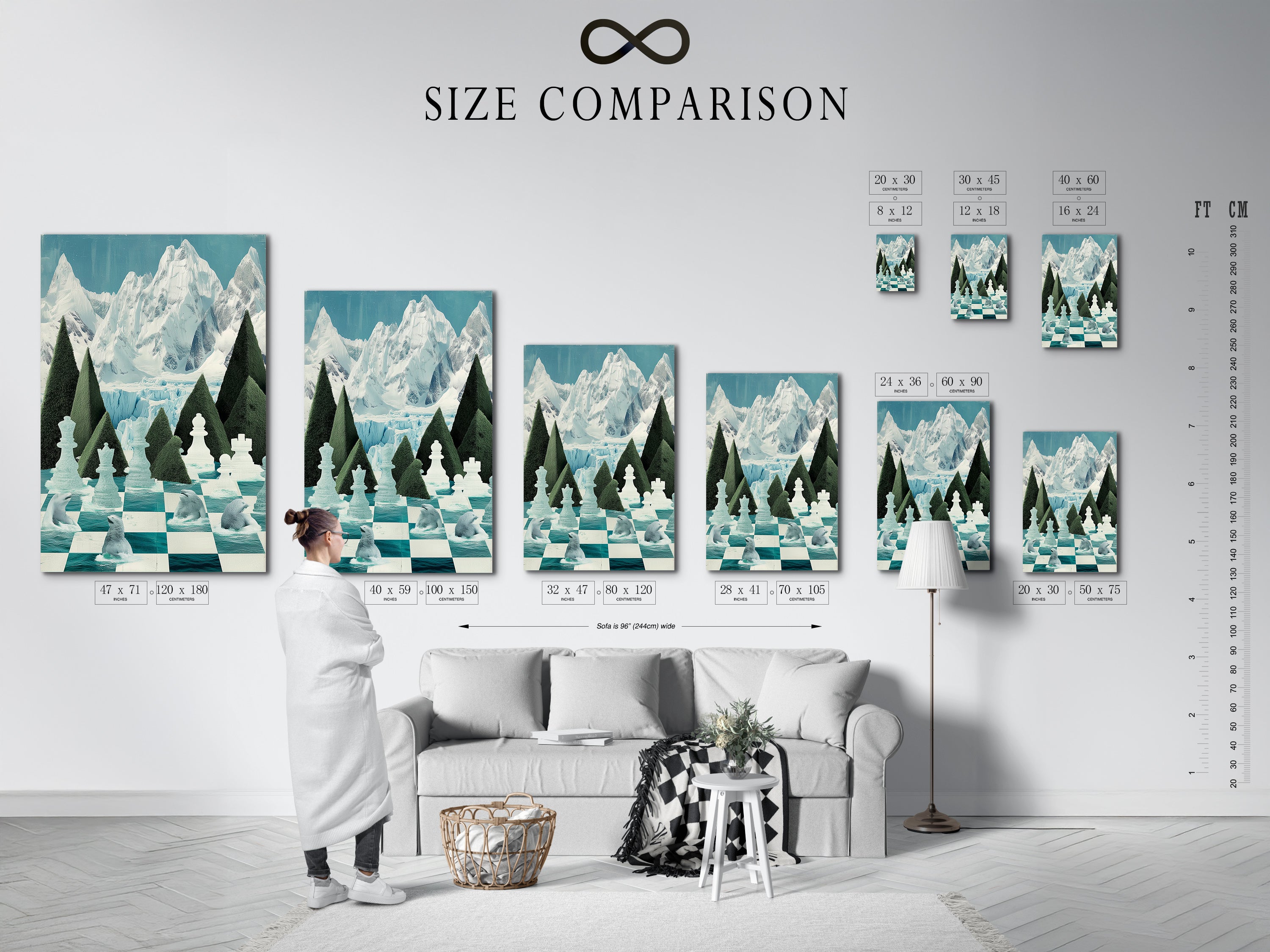 View a size comparison chart for the Chess Arctic Canvas Print in an interior setting. See how this polar bear artwork fits into various spaces. The teal chessboard artwork enhances any room. Choose the perfect size for your game room or modern decor. This is the ideal chess art.