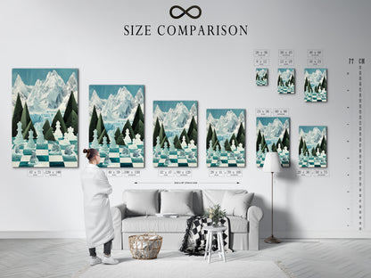 View a size comparison chart for the Chess Arctic Canvas Print in an interior setting. See how this polar bear artwork fits into various spaces. The teal chessboard artwork enhances any room. Choose the perfect size for your game room or modern decor. This is the ideal chess art.