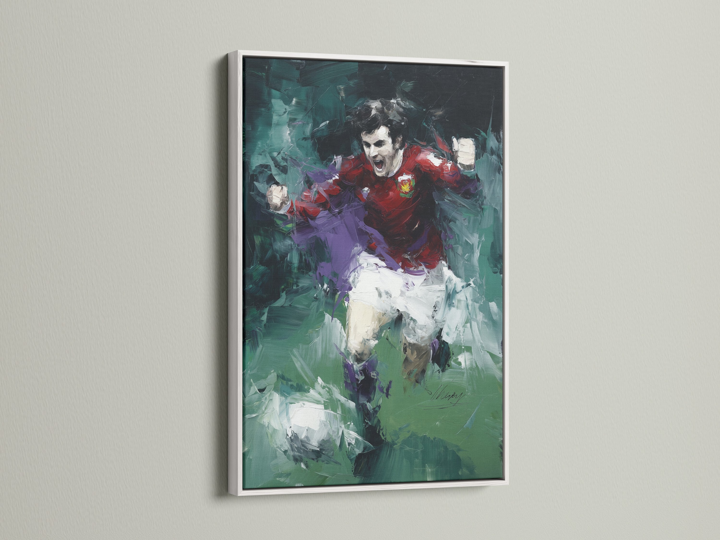 A soccer player canvas art piece with an abstract sports theme is displayed in a white frame. The artwork is a dynamic action painting. This sports wall art is perfect for minimalist Scandinavian or eclectic styles. It will enhance any room.