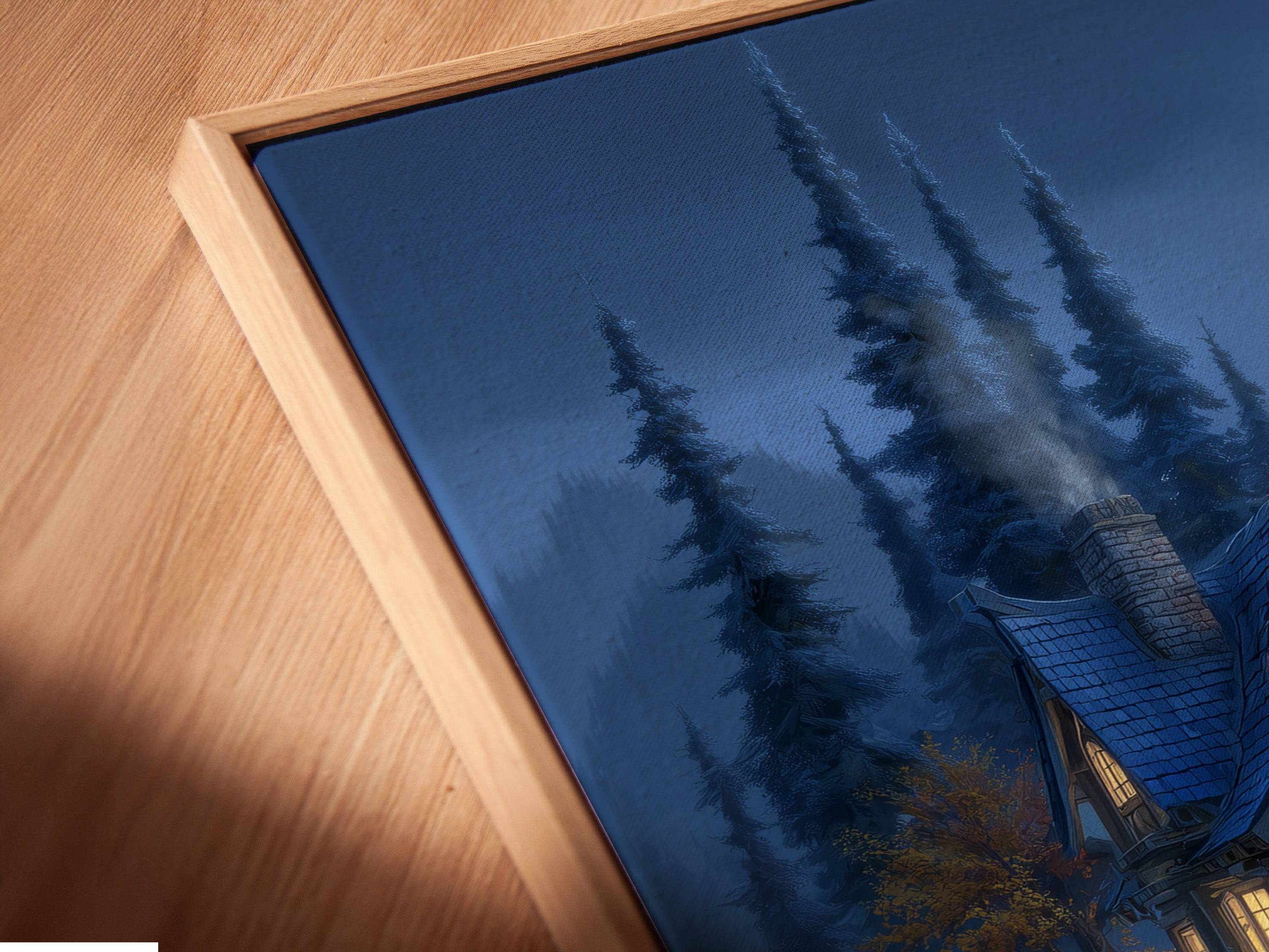 A close-up view of the Moonlit Cottage canvas print. It is displayed in a floating frame. The fantasy forest artwork is ready to hang. Perfect enchanted cabin art for bedroom wall decor.