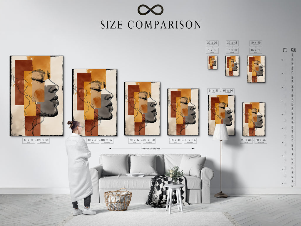 A size comparison chart is displayed in an interior setting. Showcasing the various dimensions available for this artwork. The abstract woman profile art print is featured. Modern line drawing styles and terracotta and mustard wall art tones. Helps customers visualize the perfect fit for their space. A valuable tool for making informed purchasing decisions.