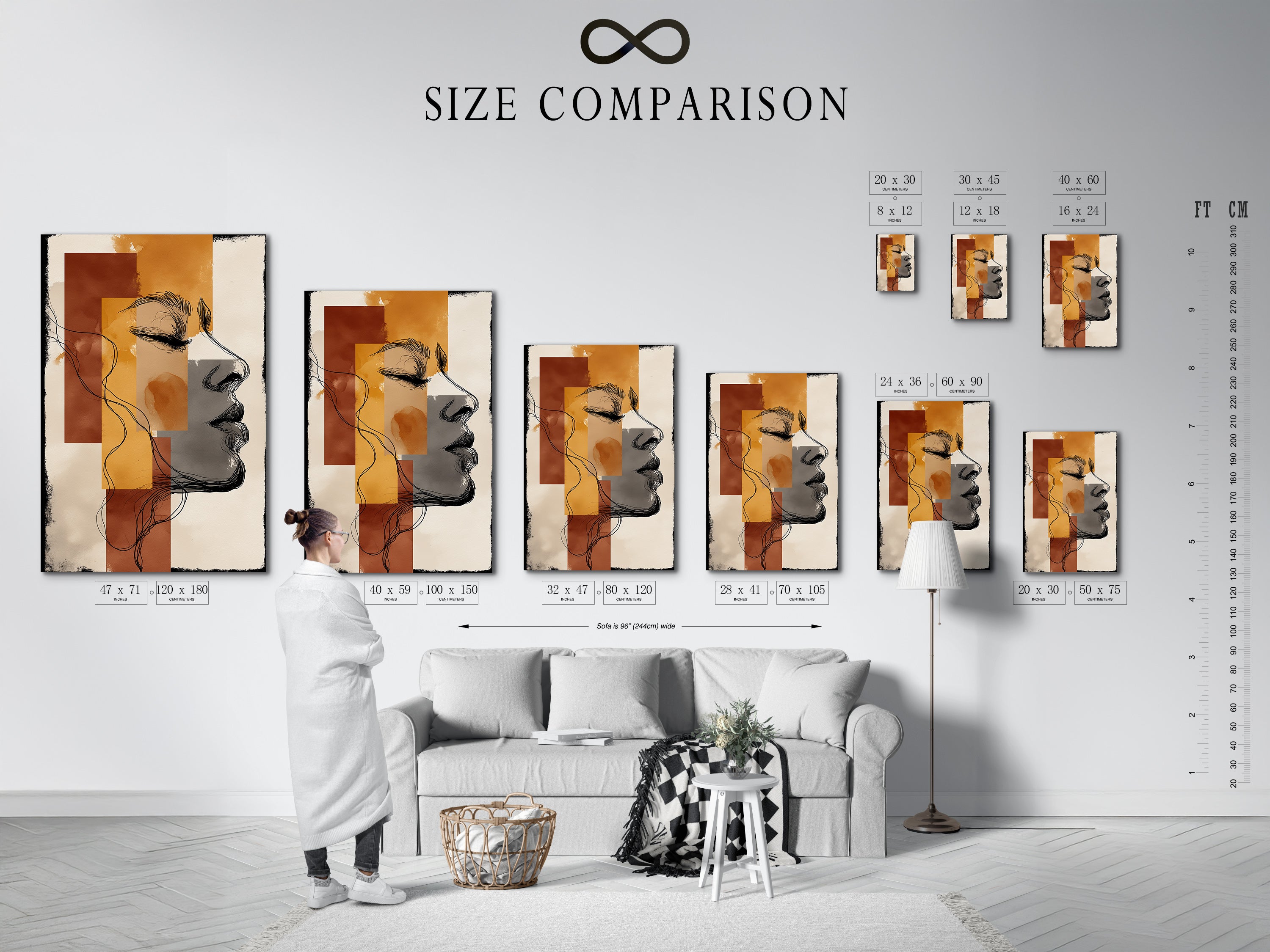 A size comparison chart is displayed in an interior setting. Showcasing the various dimensions available for this artwork. The abstract woman profile art print is featured. Modern line drawing styles and terracotta and mustard wall art tones. Helps customers visualize the perfect fit for their space. A valuable tool for making informed purchasing decisions.