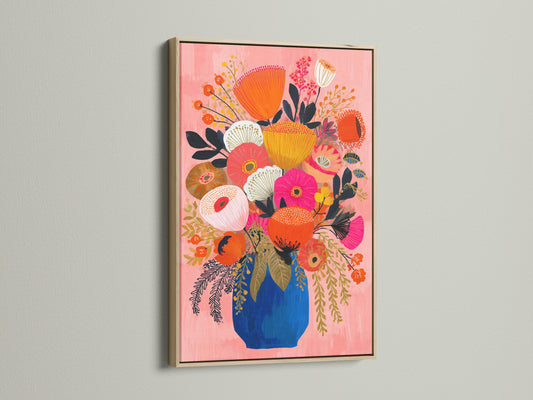 Floral artwork in an oak frame hangs on a white wall. The frame enhances the beauty of the artwork. Consider an oak frame for a natural look. The frame complements the art. This framed art is perfect for any room. Add some color to your room with this artwork.
