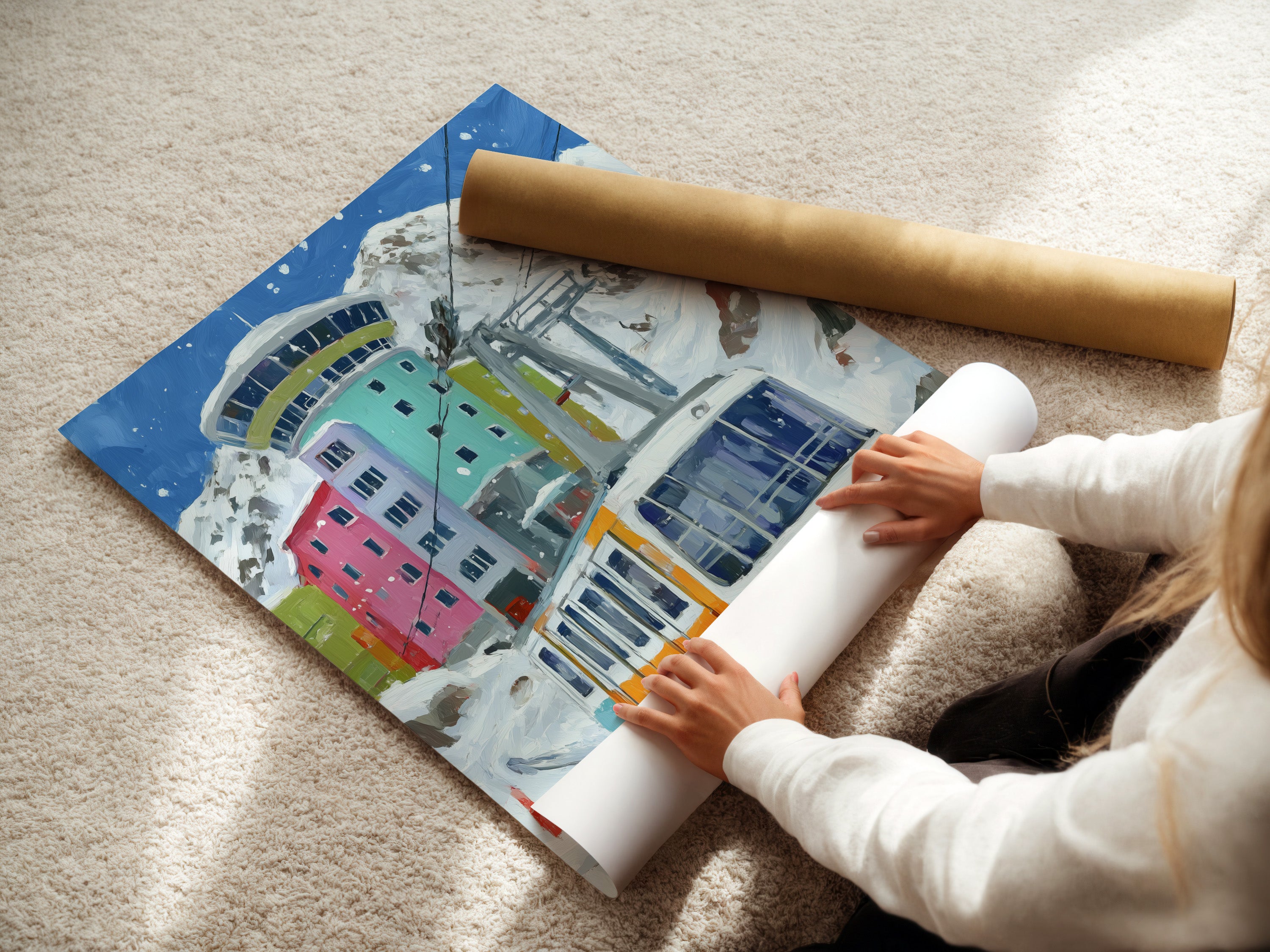 A woman is carefully rolling a fine art poster paper print. This ensures the alpine cable car artwork arrives in pristine condition. Get your mountain village art ready for framing. High-quality materials are used.