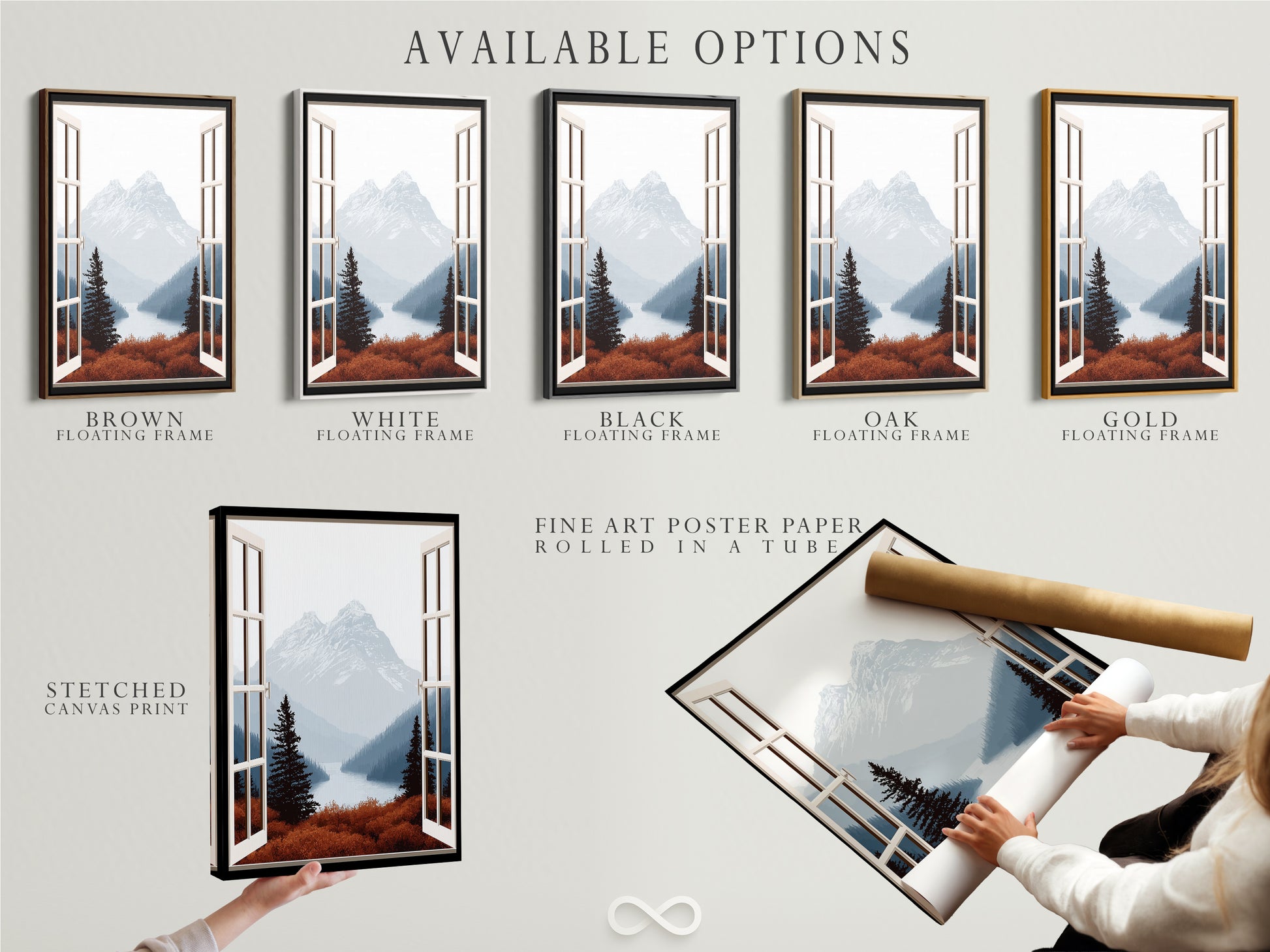 Available options for mountain view artwork are displayed. Choose from stretched canvas print fine art poster paper or a floating frame. This nature landscape art enhances any home decor. The open window view provides a calming atmosphere. Perfect for personalizing your living room bedroom or office space.