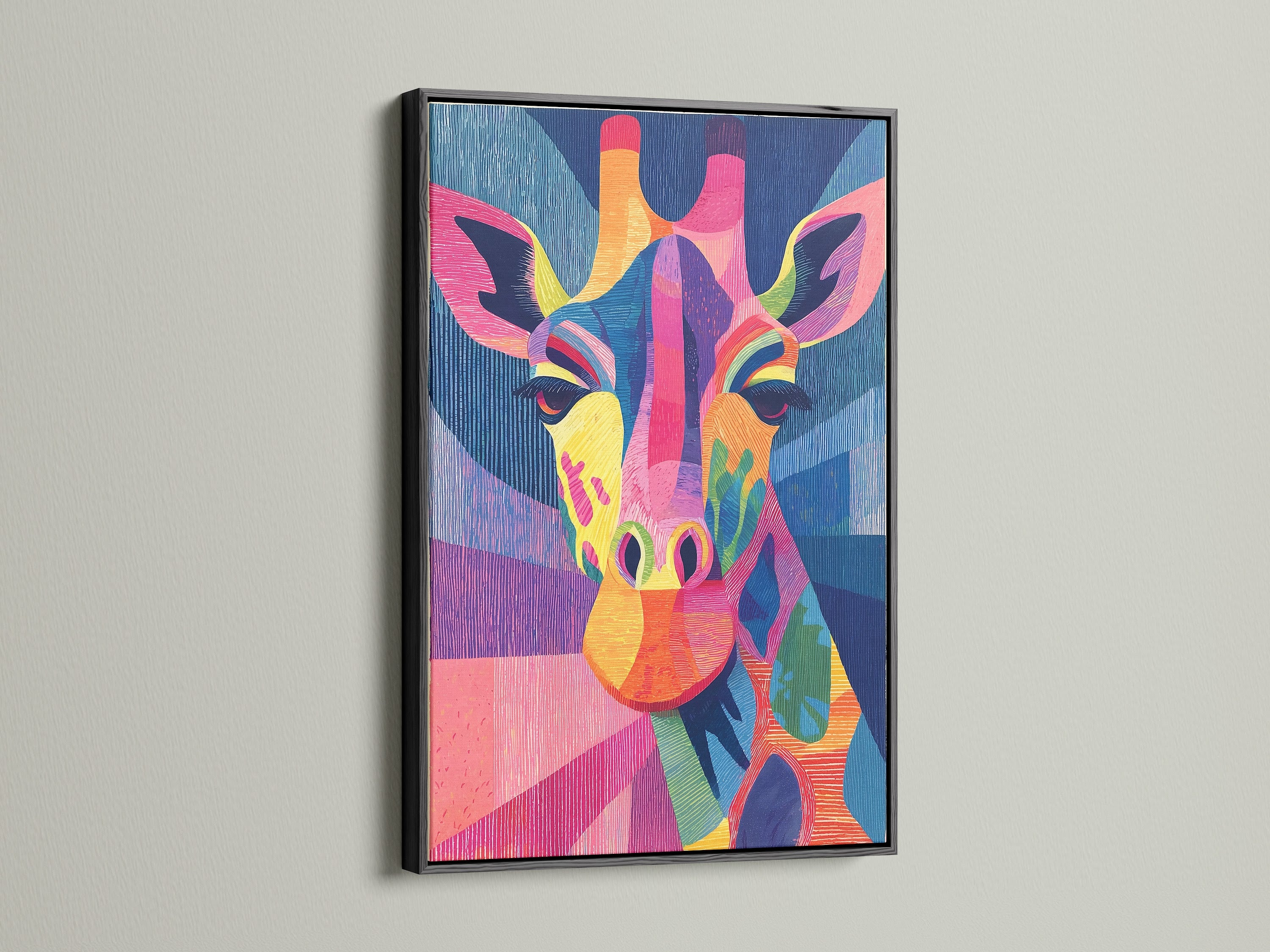 A black frame encases a modern animal art piece. The artwork features a colorful giraffe. This rainbow animal print is eye-catching and fun. It is suitable for kids room decor or a safari nursery art theme. The black frame adds a touch of sophistication.