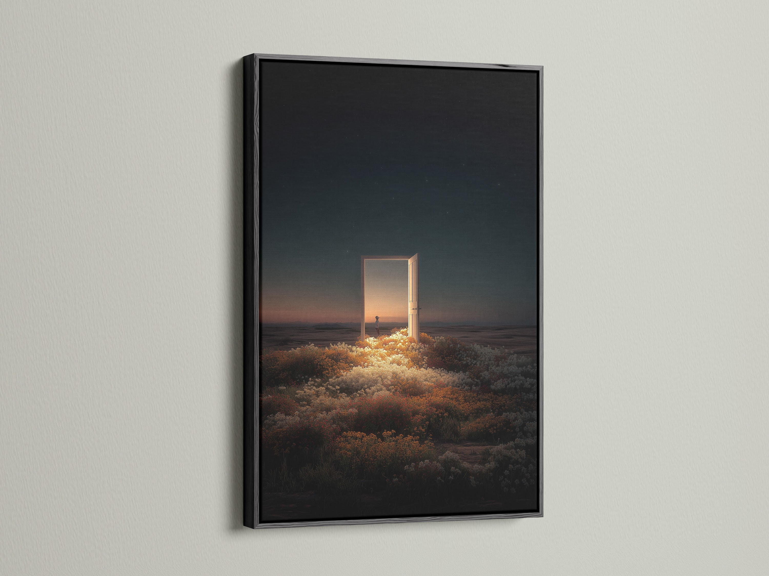 Black frame featuring an open door in a field artwork. The black frame provides a modern look. The artwork is matted and framed. This piece would be a great addition to any home decor.