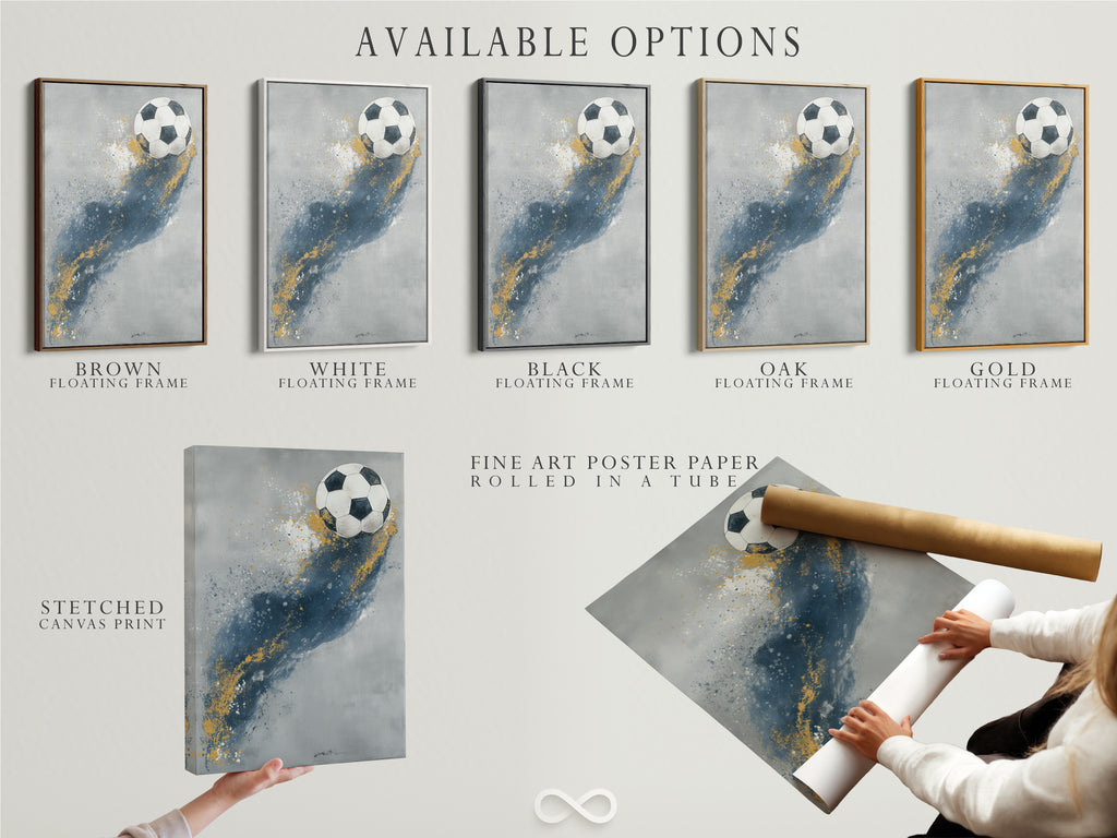 Explore available options for this soccer artwork print. Choose from a stretched canvas print fine art poster paper or floating frame. The blue and gold abstract design suits any style. Perfect for boys rooms game rooms and sports themed spaces. Customize your perfect piece today.