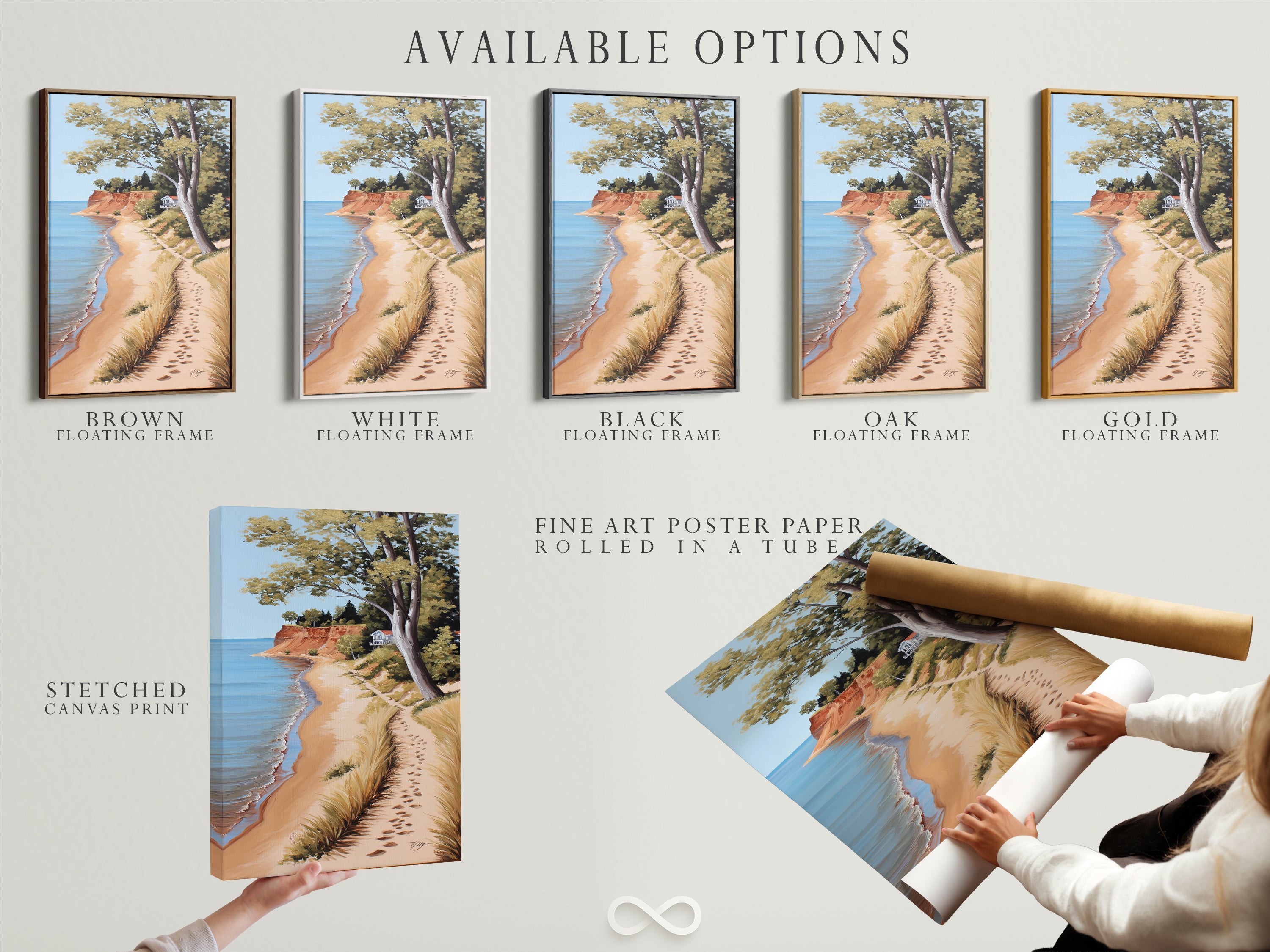 Available options for Coastal Beach Artwork. Stretched canvas print fine art poster paper and floating frame are showcased. This serene ocean view print captures a sandy shoreline. Choose the perfect format to enhance your coastal cottage decor.