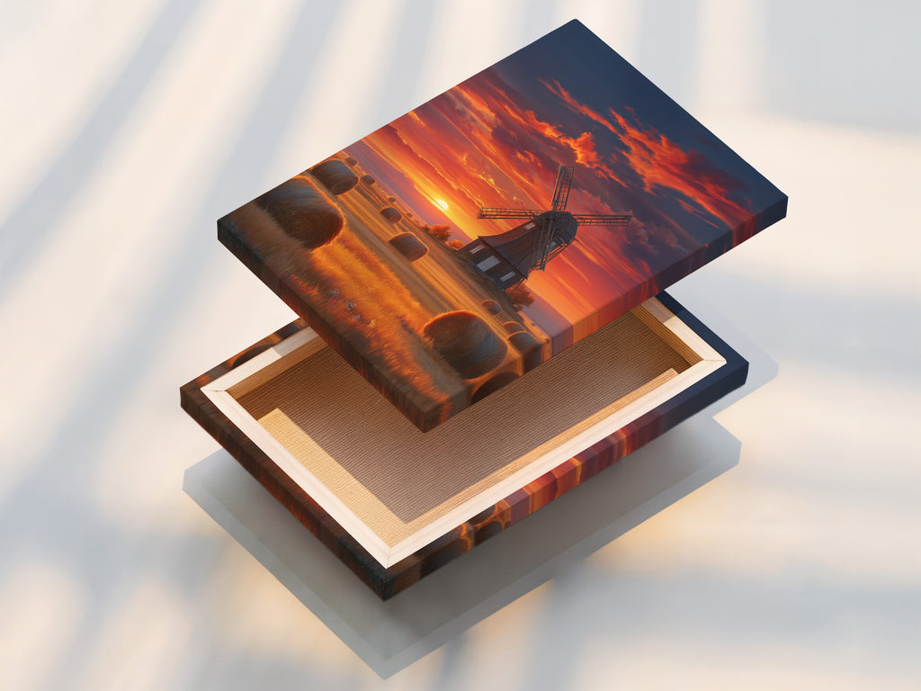 Close-up of a stretched canvas print showcasing a Dutch countryside windmill at sunset. The texture and depth of the canvas enhance the artwork. This creates an immersive visual experience.