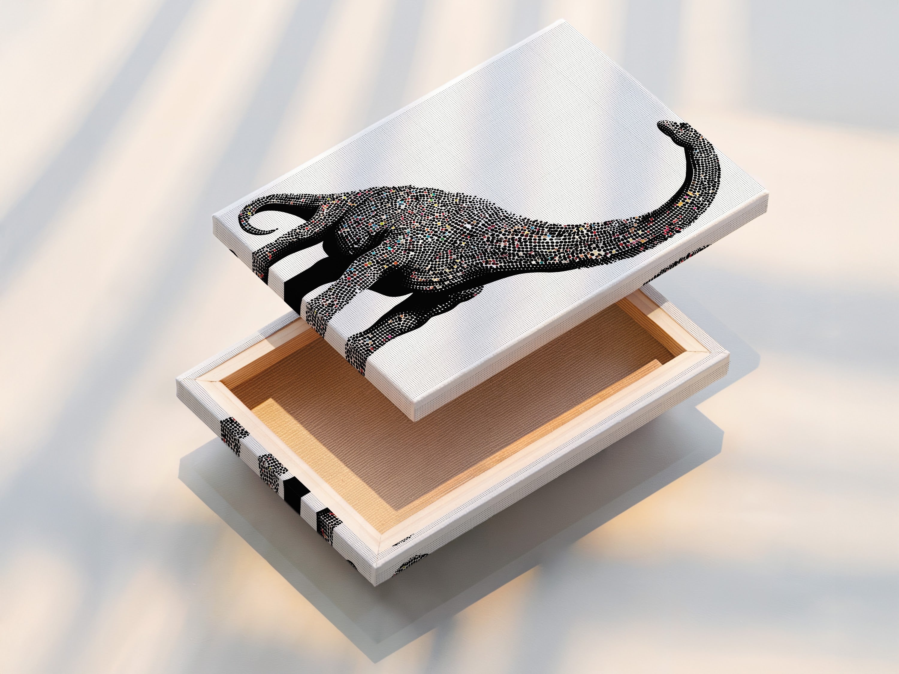 Stretched canvas print featuring minimalist brontosaurus artwork. This dinosaur wall art is perfect for a kids room. The black and white animal artwork is modern nursery decor.