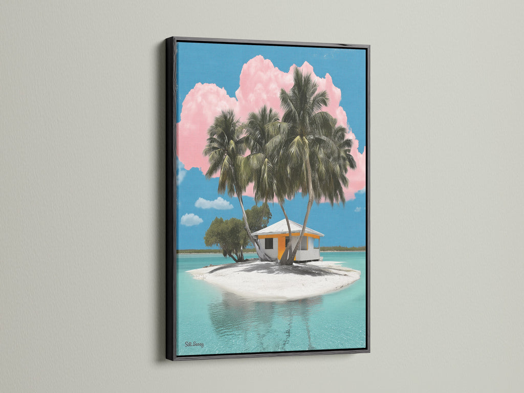 Explore our tropical island artwork displayed in a sleek black frame. The black frame accentuates the vibrant colors of the island scene. This artwork adds a sophisticated touch. The scene includes palm trees a beach house and turquoise waters.