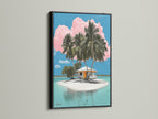 Explore our tropical island artwork displayed in a sleek black frame. The black frame accentuates the vibrant colors of the island scene. This artwork adds a sophisticated touch. The scene includes palm trees a beach house and turquoise waters.