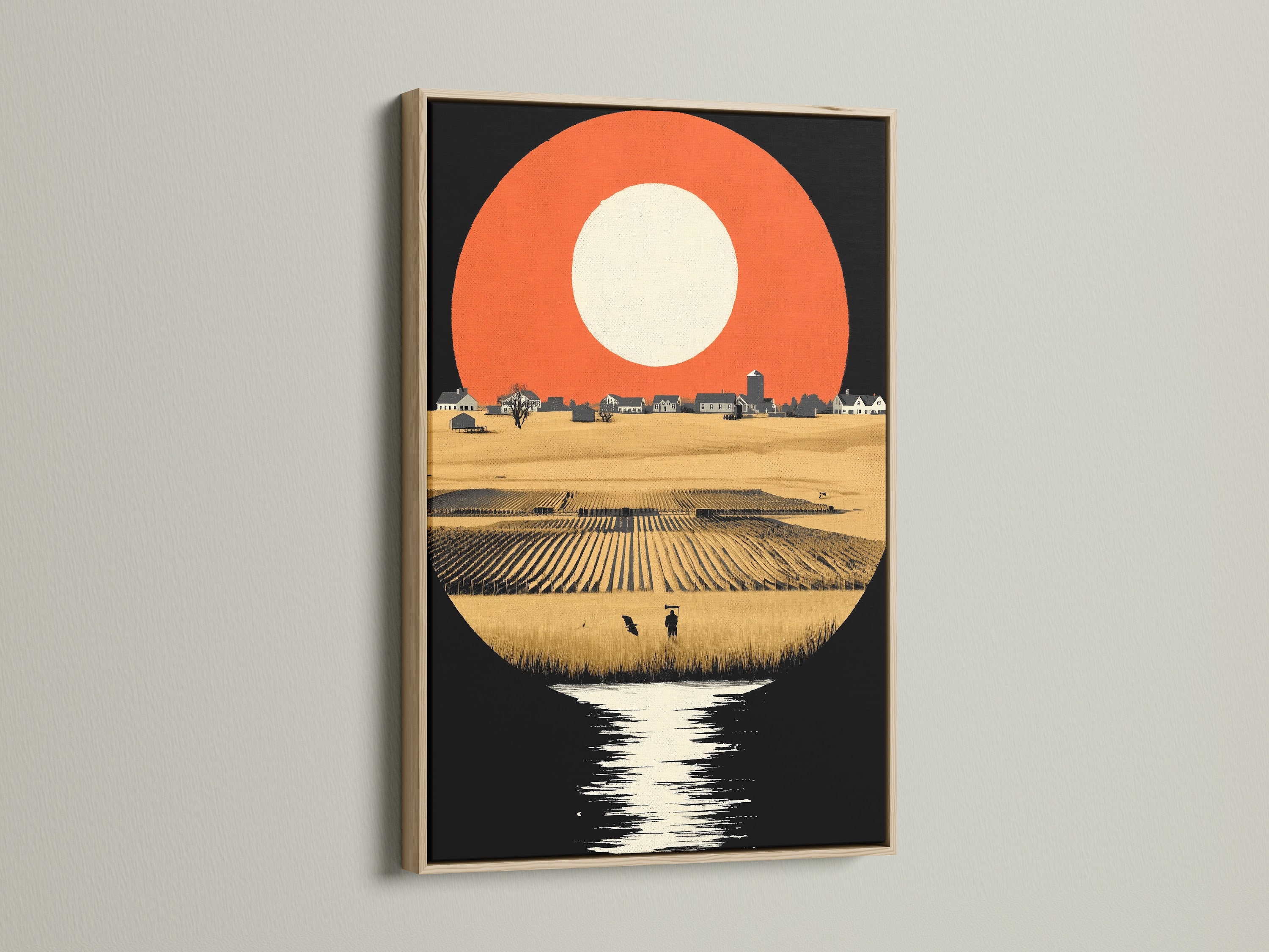 This farm landscape artwork is displayed in an oak frame. The retro countryside art brings a touch of rustic charm. See the field canvas that elevates vintage art prints. Ideal farmhouse style for your home decor.