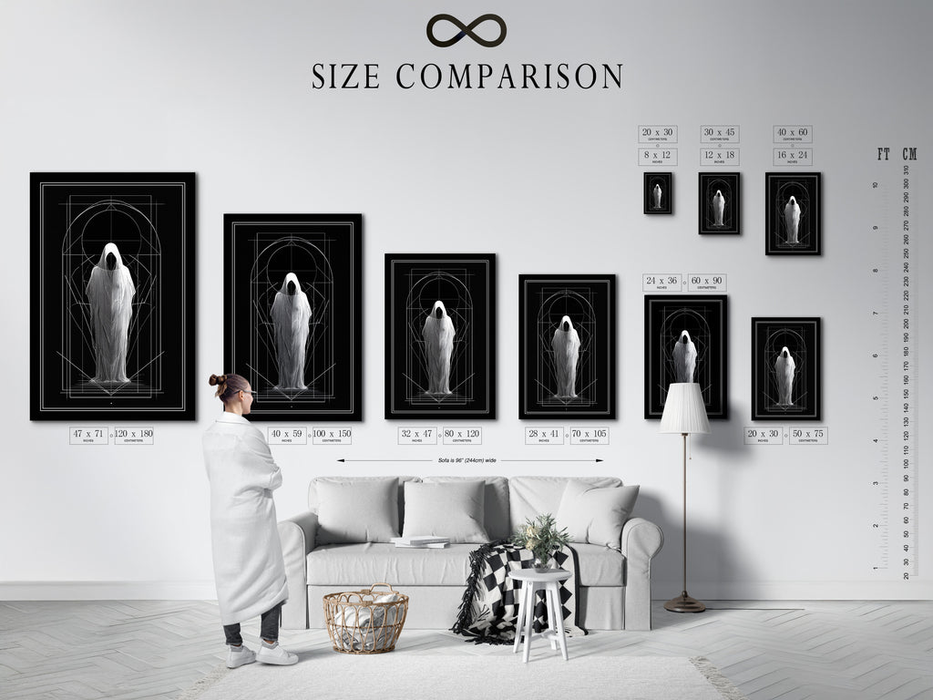 Size comparison chart in an interior setting. See how artwork sizes fit your space. Visualize art in different room settings. Choose the perfect size for your walls. Frame and paper options available. Enhance your home with art.