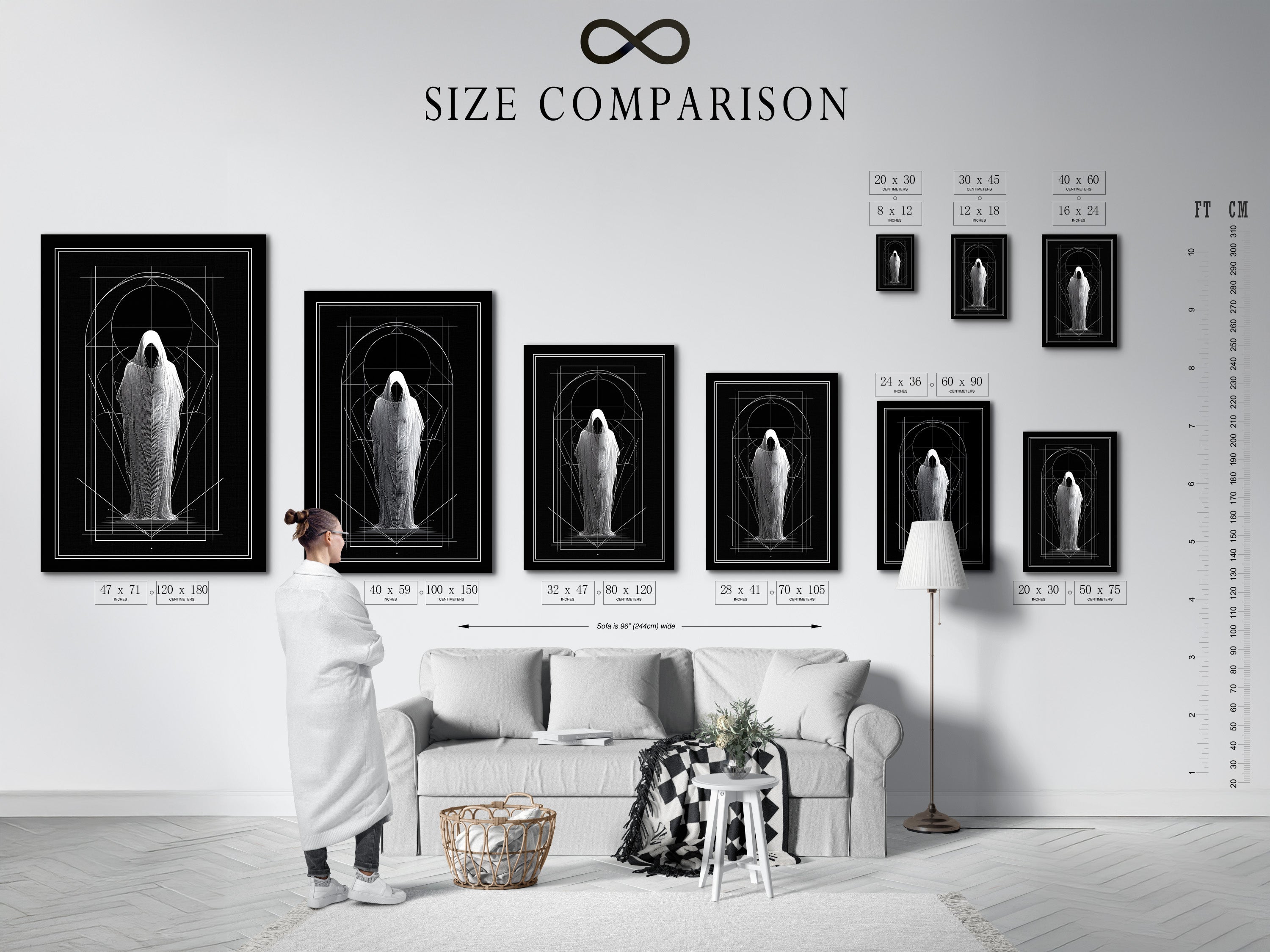 Size comparison chart in an interior setting. See how artwork sizes fit your space. Visualize art in different room settings. Choose the perfect size for your walls. Frame and paper options available. Enhance your home with art.