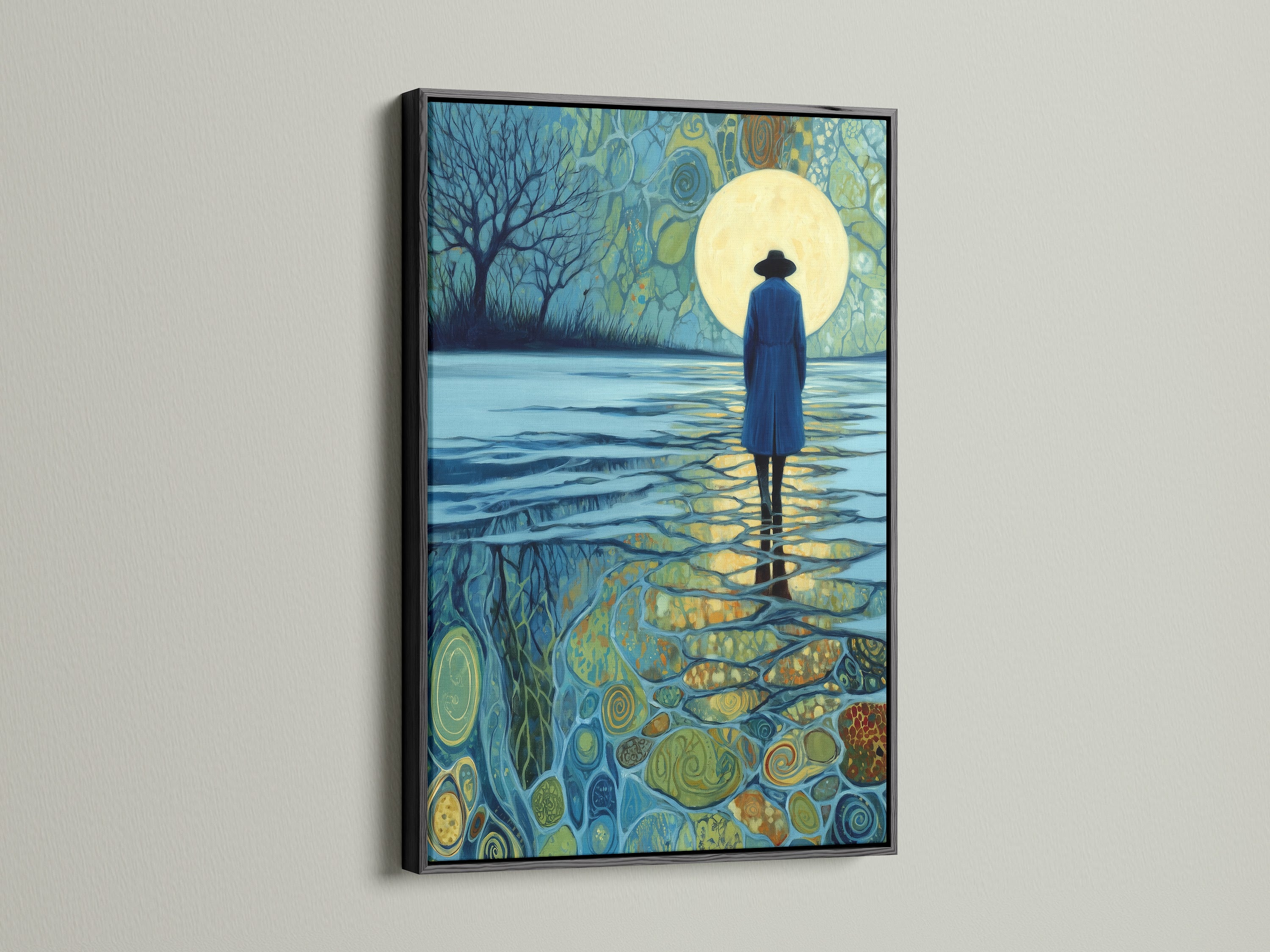Moonlight Reflection artwork with a black frame. The black frame provides a bold contrast. It accentuates the artwork's dreamy details. This artwork adds sophistication to any room. Perfect for a contemporary setting.