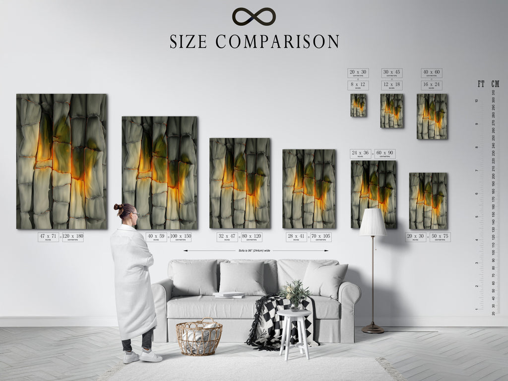 A size comparison chart in an interior setting. The chart helps visualize artwork dimensions. It demonstrates how different sizes fit in a room. This guide assists in making informed decisions. Perfect for planning your art arrangement.