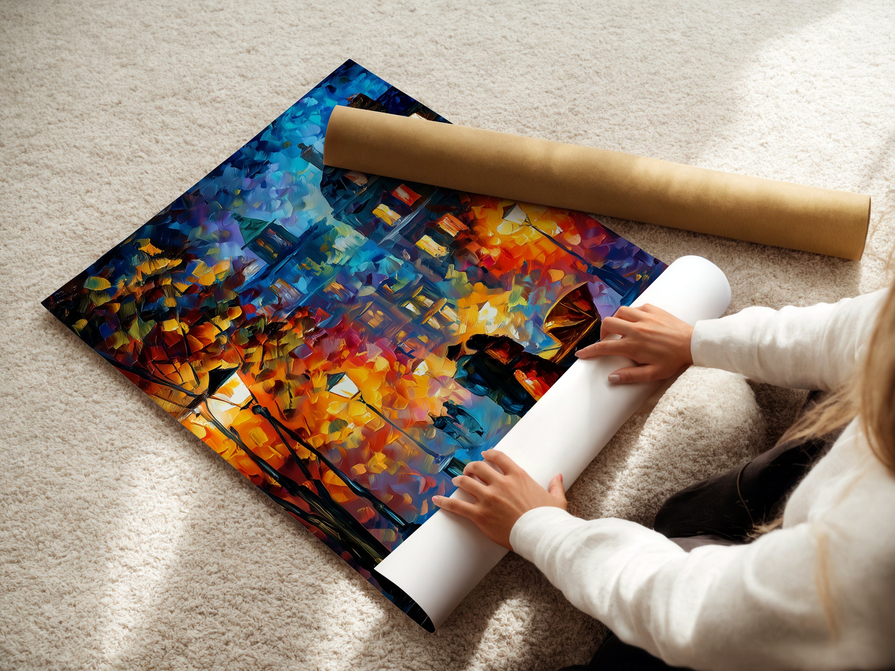 A woman rolling a fine art poster paper. This high-quality paper is perfect for romantic street art prints. Ideal for creating custom wall art. The fine art paper enhances the artwork's colors. Perfect for professional and home use.