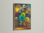 This is an oak frame showcasing abstract floral art. The teal and gold botanical artwork brings modern nature indoors. Ideal for homeowners renters and interior designers. This contemporary art piece suits minimalist Scandinavian or eclectic styles. Transform your living room office or bedroom wall.