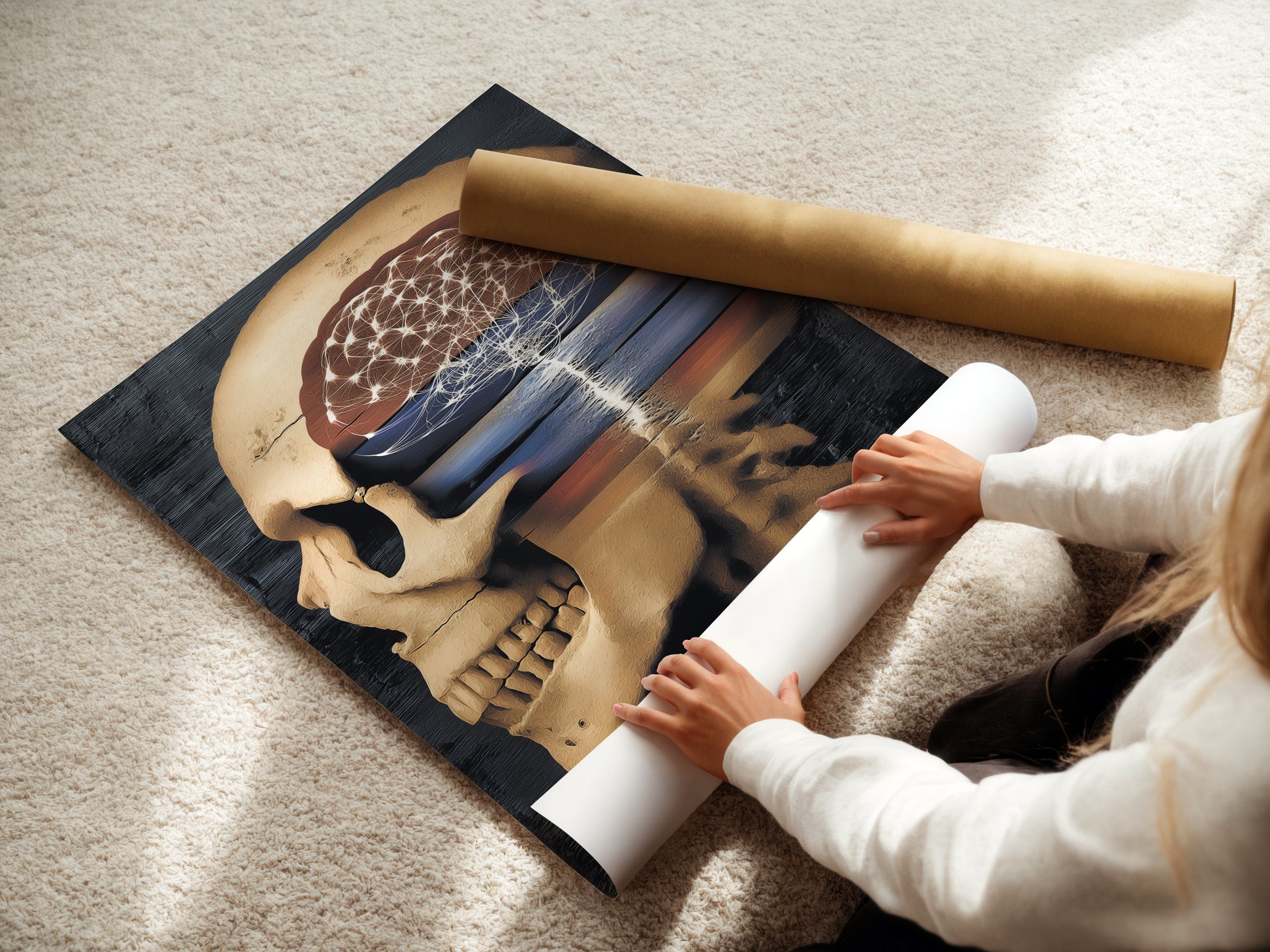 A woman rolls a fine art poster paper print. This is a surreal skull artwork featuring an anatomical brain. Perfect for gothic medical posters and science wall art. Ideal for doctors nurses and medical students. Explore this dark academia art for your space.