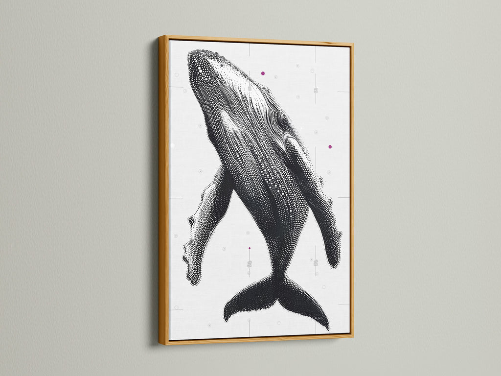 Humpback Whale art print with a gold frame. This dotted whale art is luxurious. It is a statement piece for any space. The humpback whale print is perfect for coastal boutique owners. This sea life artwork adds sophistication to your decor