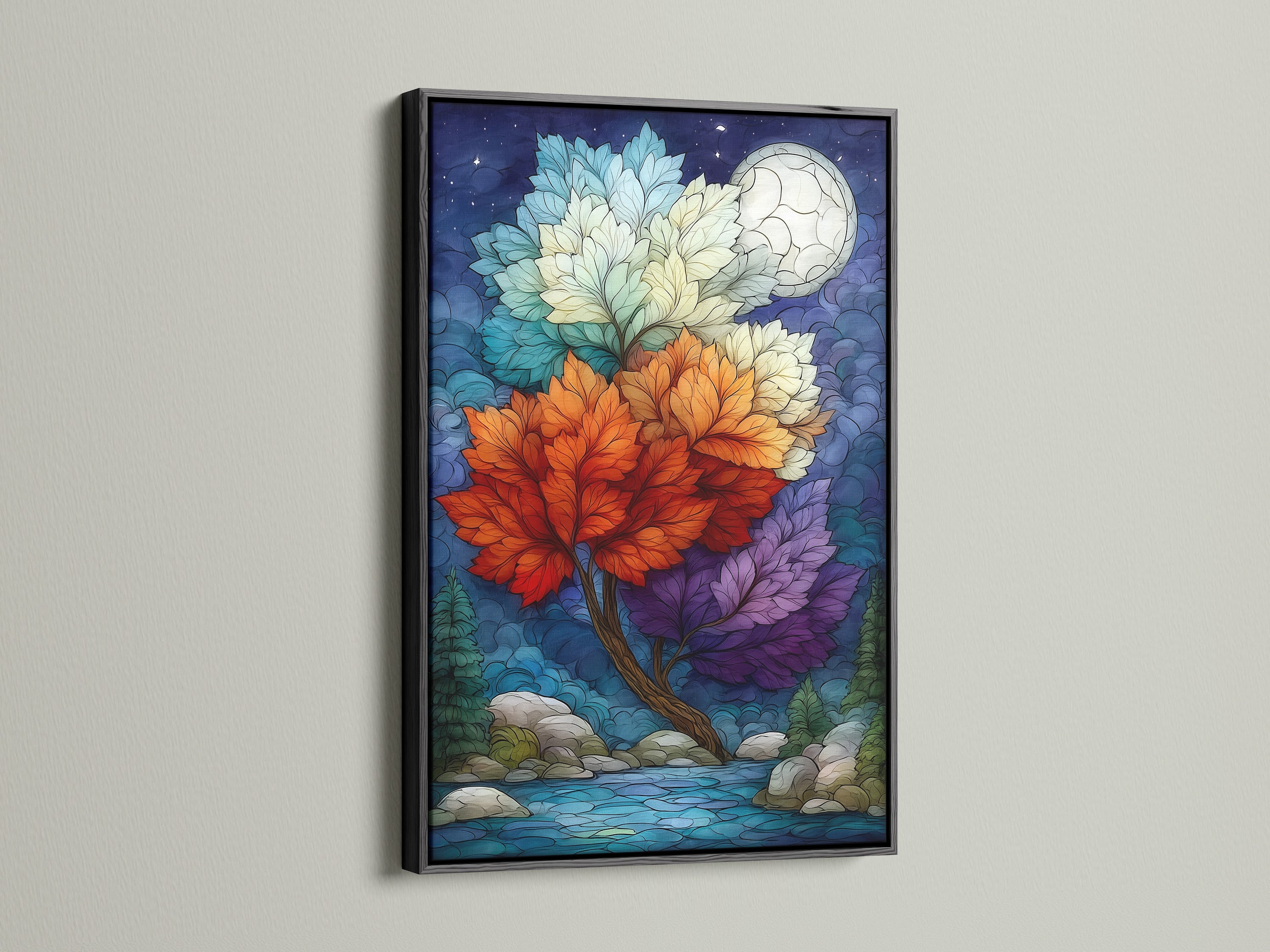 A striking magical tree artwork is displayed in a black frame. The artwork features a colorful nature scene with a fantasy moon. This mystical artwork adds a modern touch to your decor. It's perfect for homeowners renters and interior stylists.