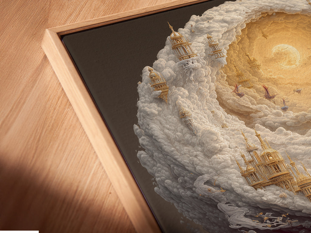 Angled close-up of a canvas print in a floating frame. The artwork features a balanced landscape. Castles float in the clouds. Below the clouds is a fiery sunset reflecting off the ocean. The floating frame enhances the artwork's depth and presence.