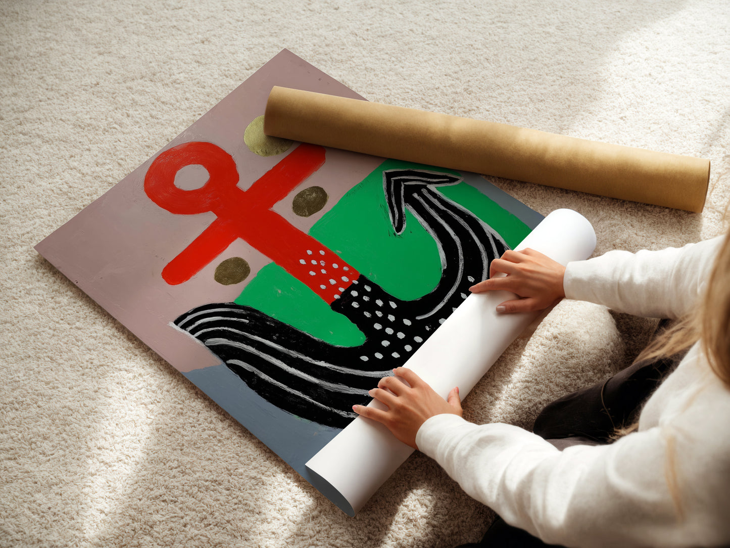 A woman is carefully rolling a fine art poster paper. The paper is high-quality and ready for printing. The artwork will soon become a beautiful piece. This poster paper ensures vibrant colors and sharp details.