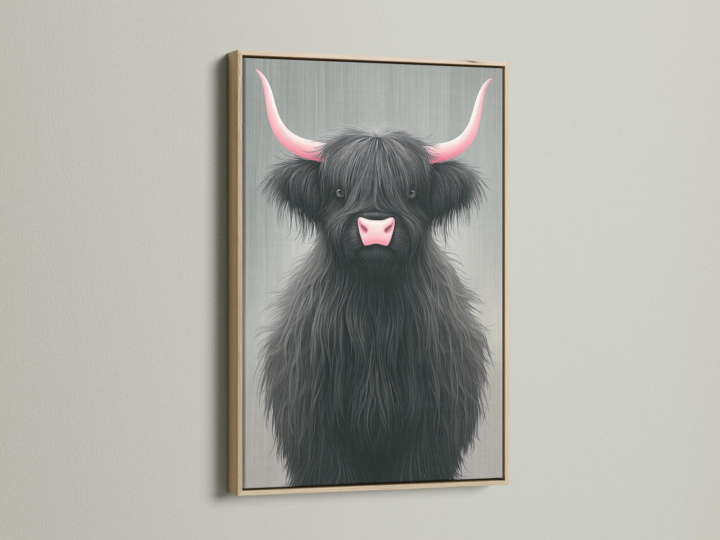 Highland Cow artwork in an oak frame. The cow canvas print features pink horns adding a playful touch. It's ideal farmhouse wall art for a nursery or living room. The oak frame enhances the artwork's rustic charm. Perfect animal wall decor.
