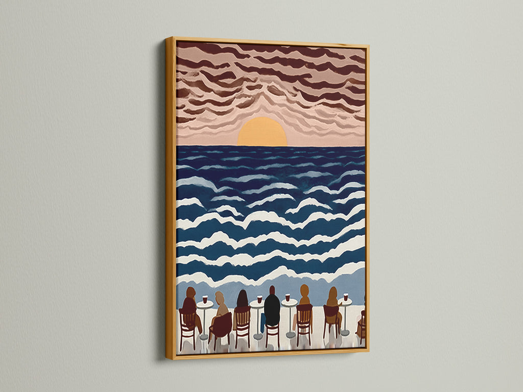 Elevate your space with our seaside cafe canvas artwork in a gold frame. This piece features a sunset ocean view. Perfect coastal artwork for a dining area. Enjoy the calming sea view print.