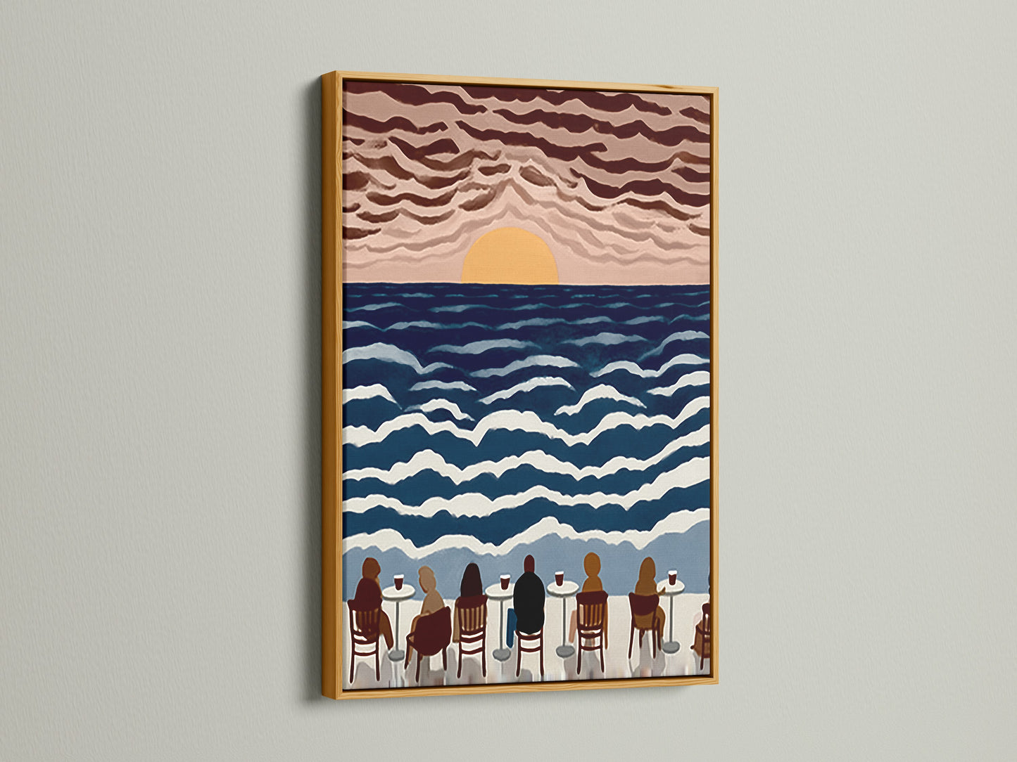 Elevate your space with our seaside cafe canvas artwork in a gold frame. This piece features a sunset ocean view. Perfect coastal artwork for a dining area. Enjoy the calming sea view print.
