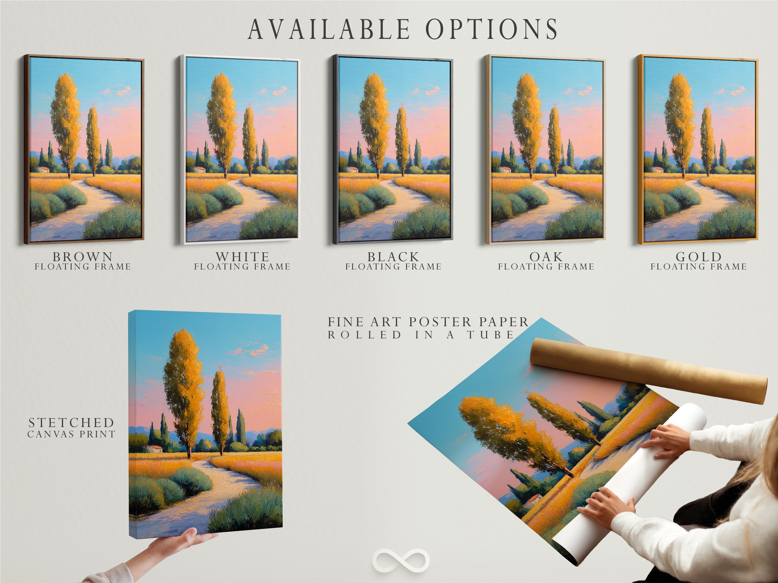 Available options for the Tuscany Landscape artwork. Choose from a stretched canvas print fine art poster paper or a floating frame. The golden poplar trees wall art offers versatility for any style. Perfect for countryside homes.