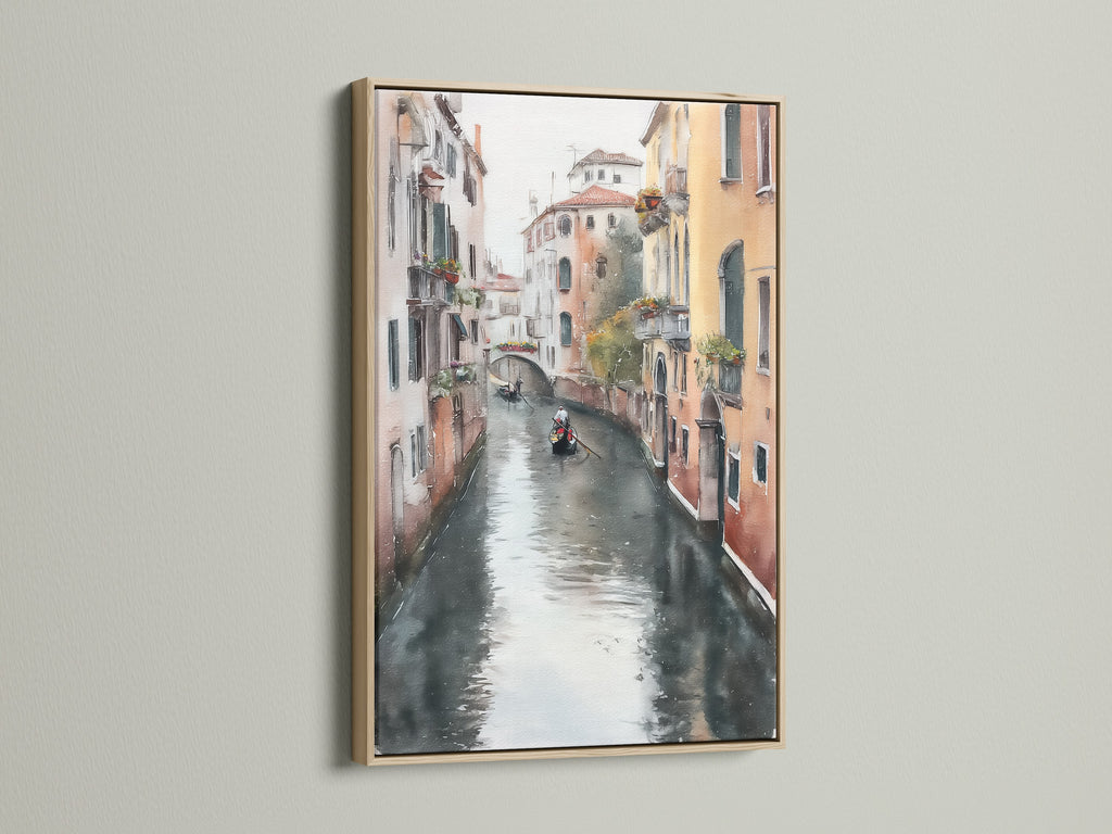 Venice Canal art displayed in an oak frame. The Italian watercolor artwork brings a touch of European cityscape to your dining room decor. Notice the gondola art and vintage cityscape details.
